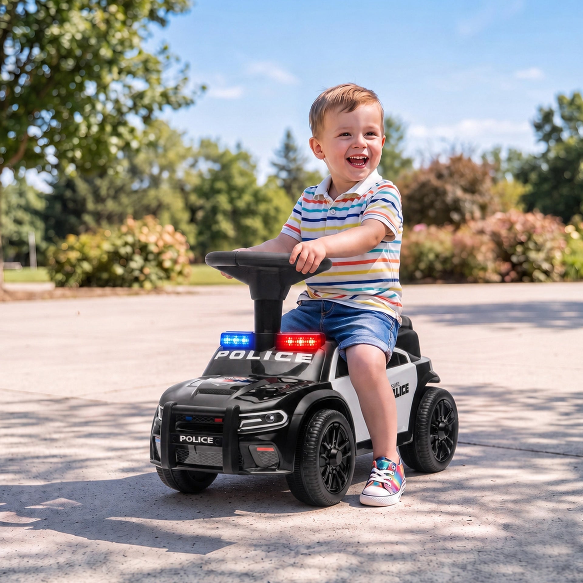 Qaba Toddler Push Car, Police Car Styling, Ride on Toys with Under-Seat Storage and Anti Tip Device, for 18-36 Months, Black