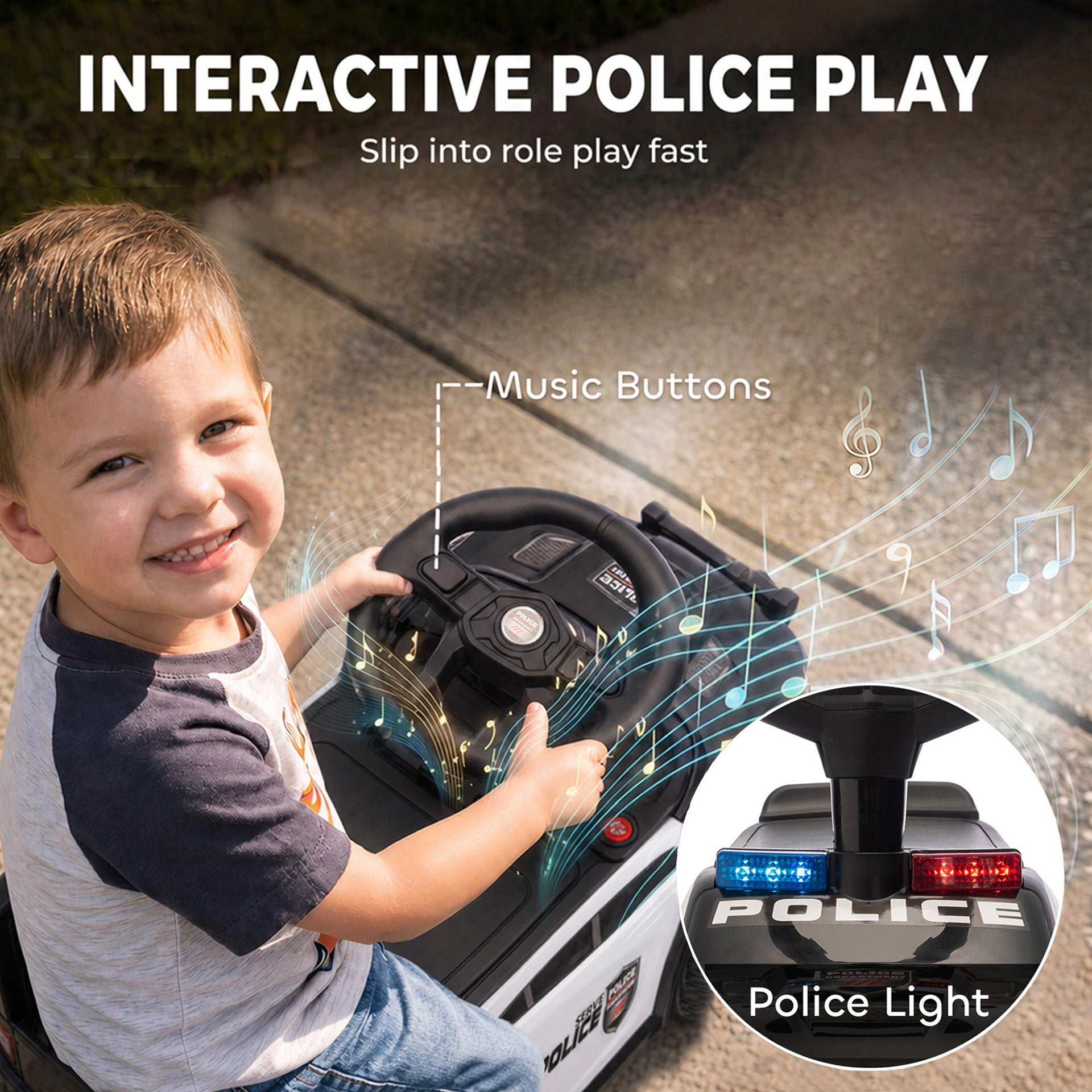Qaba Toddler Push Car, Police Car Styling, Ride on Toys with Under-Seat Storage and Anti Tip Device, for 18-36 Months, Black