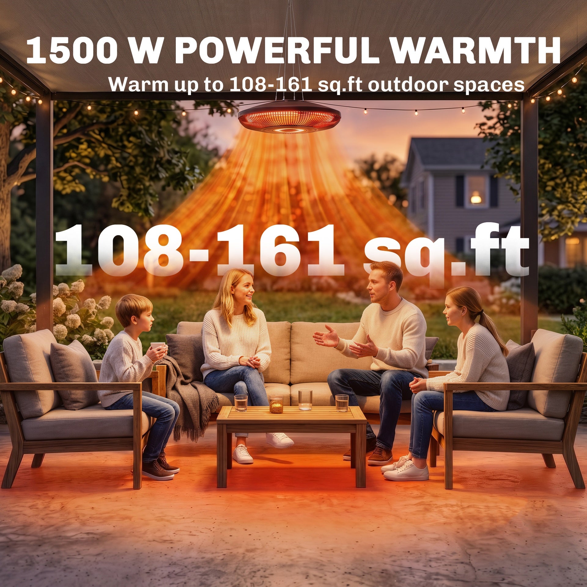 Outsunny Electric Hanging Patio Heater with LED Light, 750/1500 W IP65 Ceiling Mounted Infrared Outdoor Heater, Black