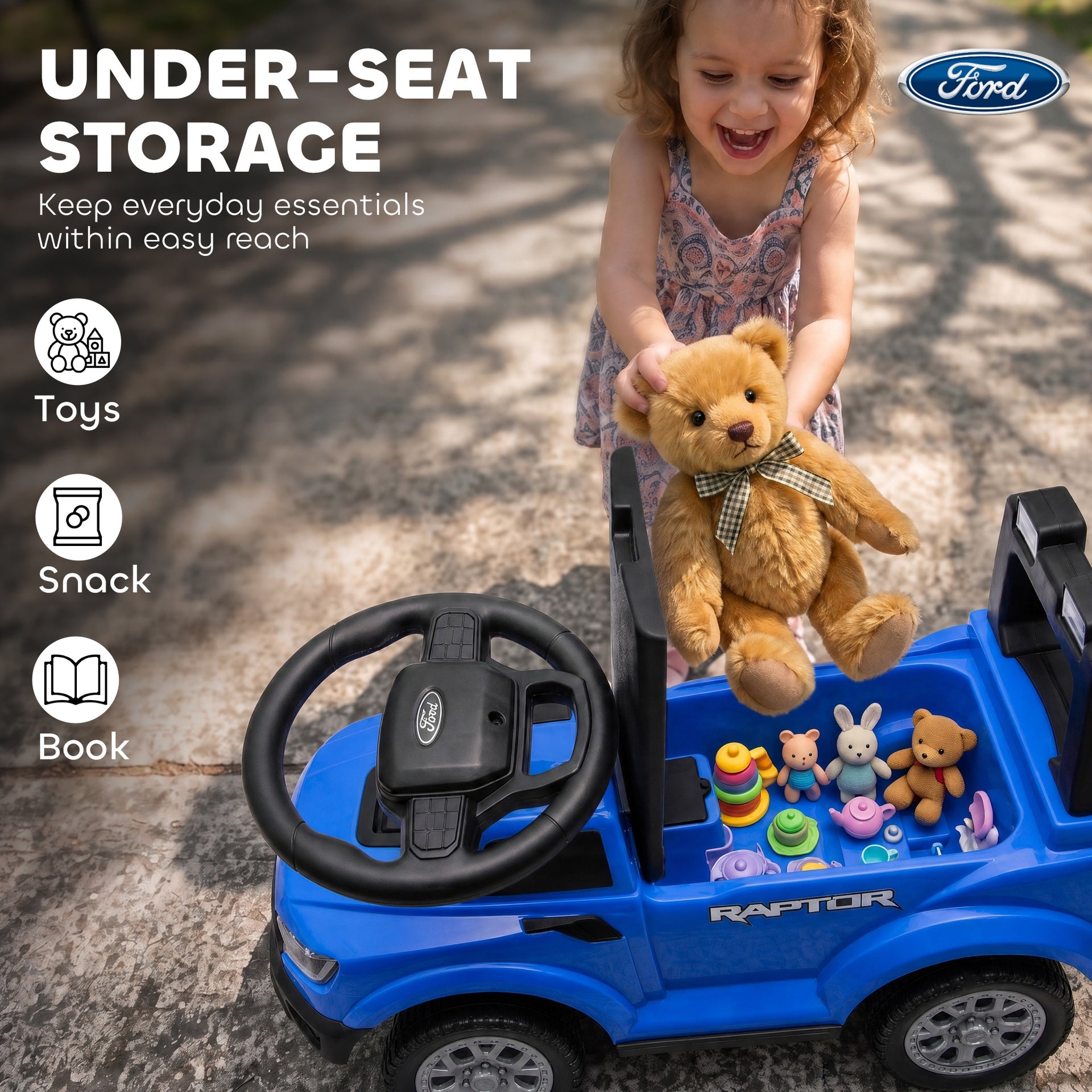 Qaba Toddler Car Licensed Ford Raptor with Headlights, Horn, Under Seat Storage, Anti-Tip Design for 18-36 Months, Blue