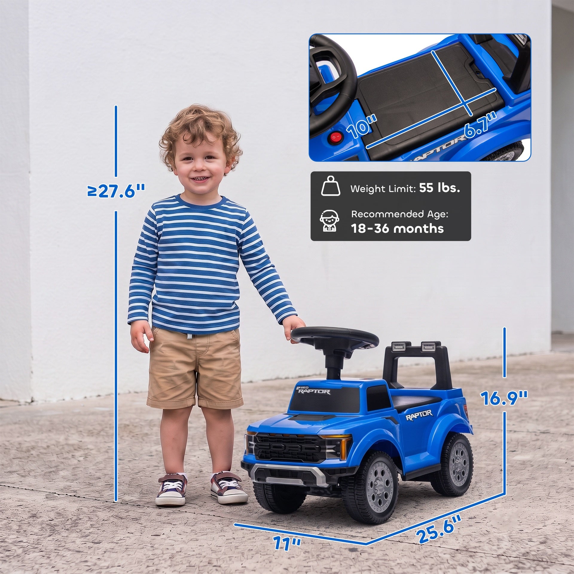 Qaba Toddler Car Licensed Ford Raptor with Headlights, Horn, Under Seat Storage, Anti-Tip Design for 18-36 Months, Blue