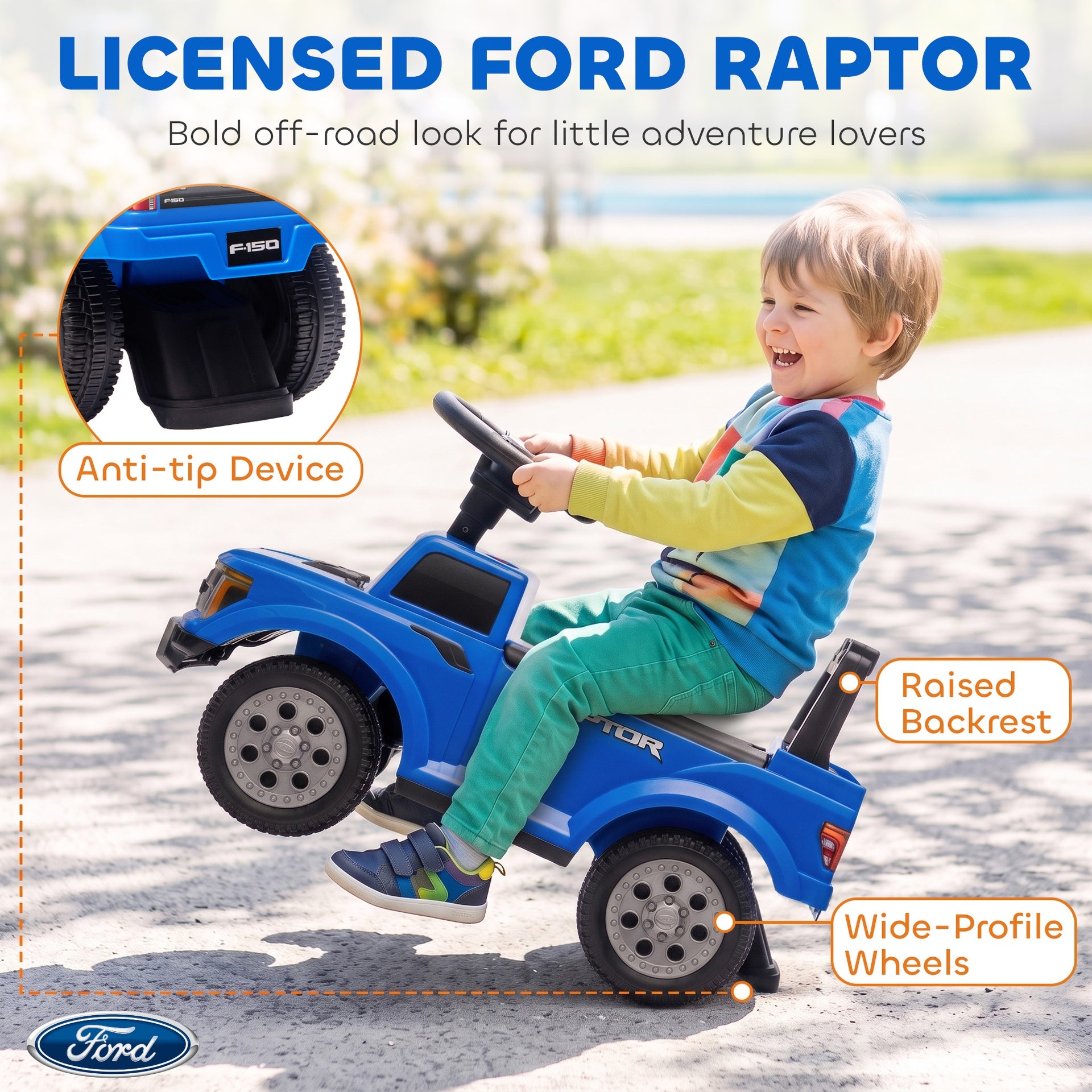 Qaba Toddler Car Licensed Ford Raptor with Headlights, Horn, Under Seat Storage, Anti-Tip Design for 18-36 Months, Blue