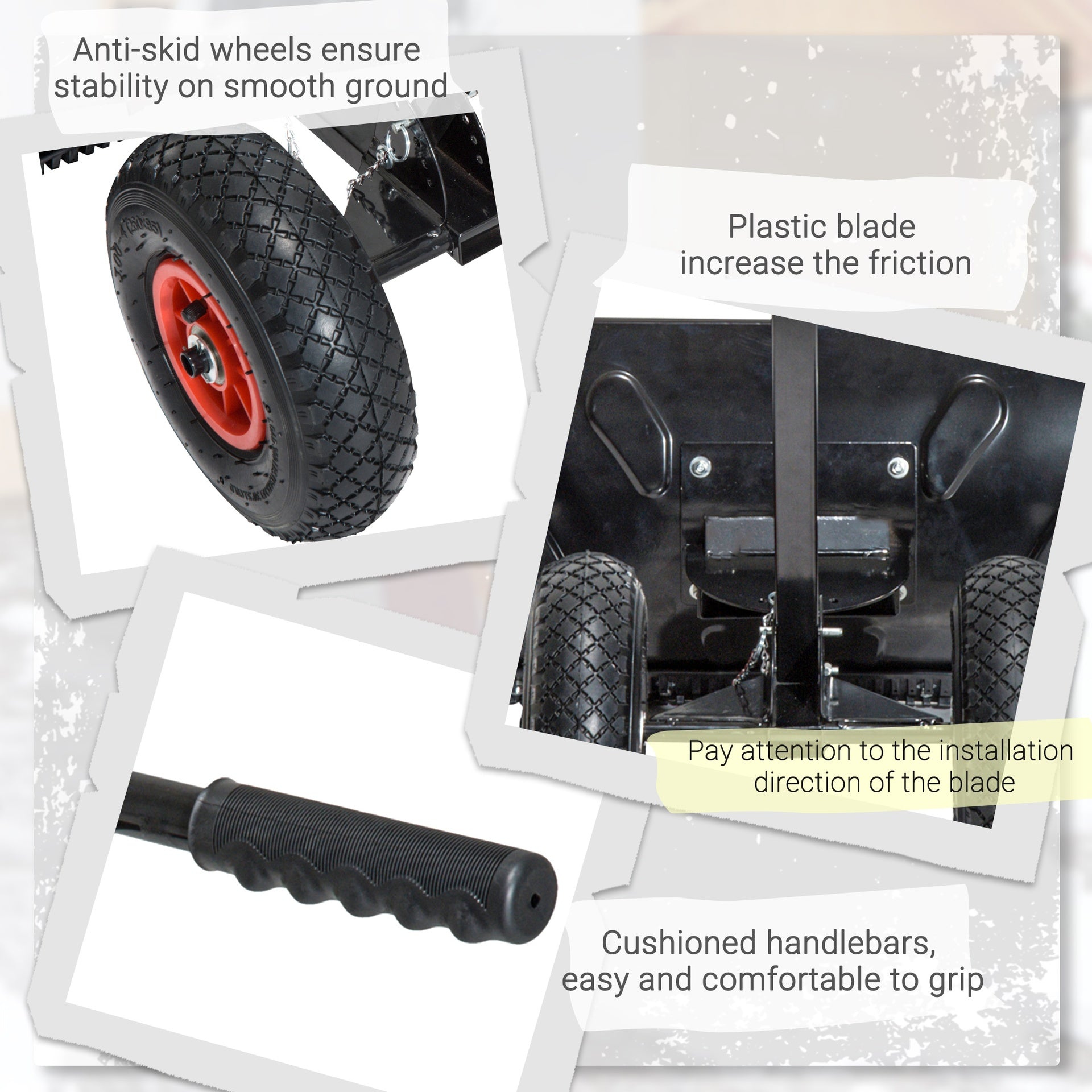 Outsunny Snow Shovel Rolling Pusher with 29" Blade, 10" Wheels & Angle-Adjustable Handle, Black