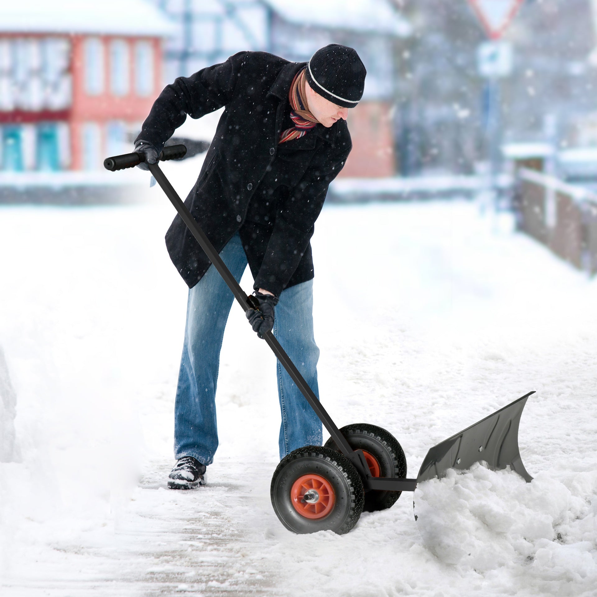 Outsunny Snow Shovel Rolling Pusher with 29" Blade, 10" Wheels & Angle-Adjustable Handle, Black