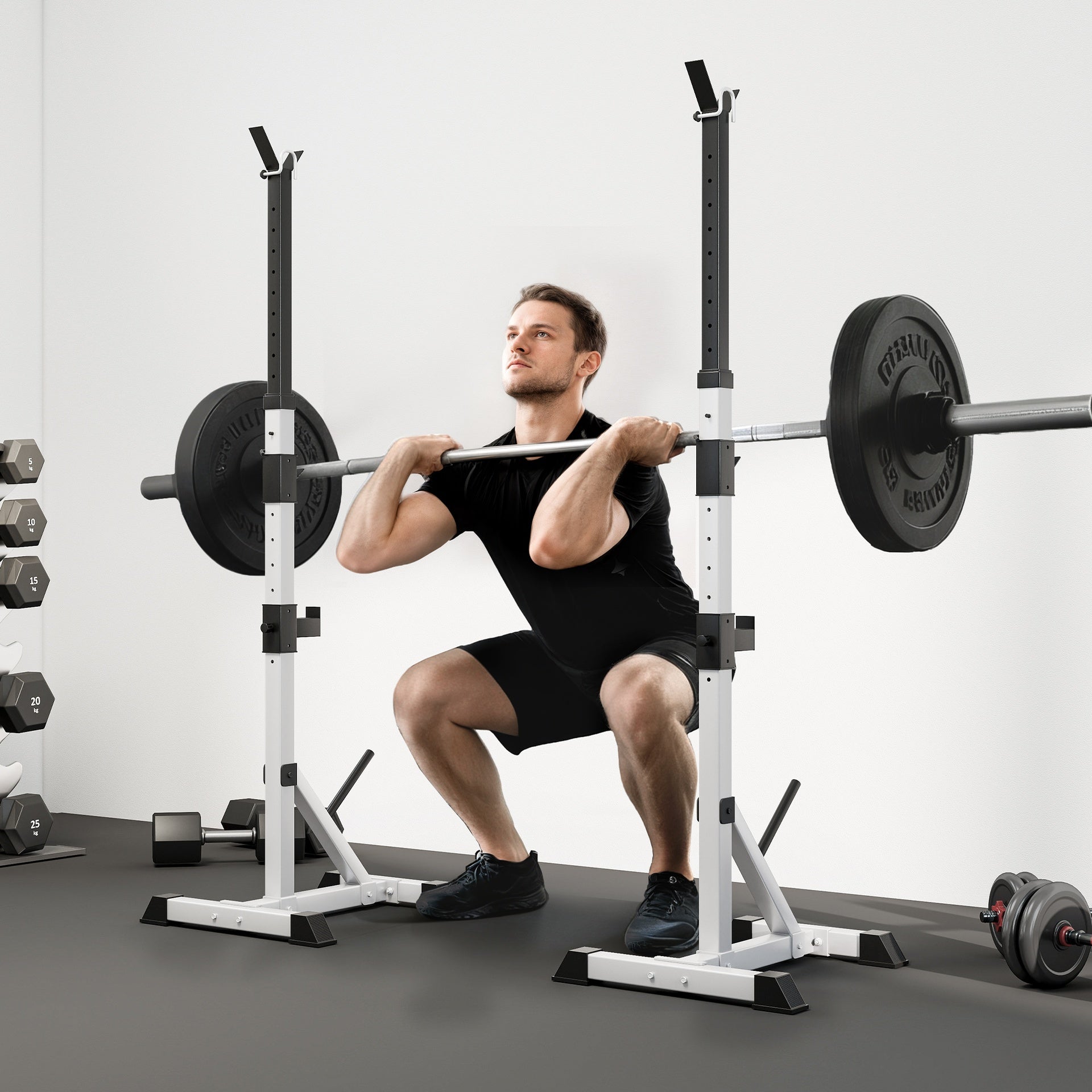 Soozier Pair of Adjustable Squat Rack Standard 53.5"-69.25" Barbell Rack Stand 440lbs Capacity, 2" Steel Heavy Duty Bench Press Rack, Support 3 Sets Barbells Storage
