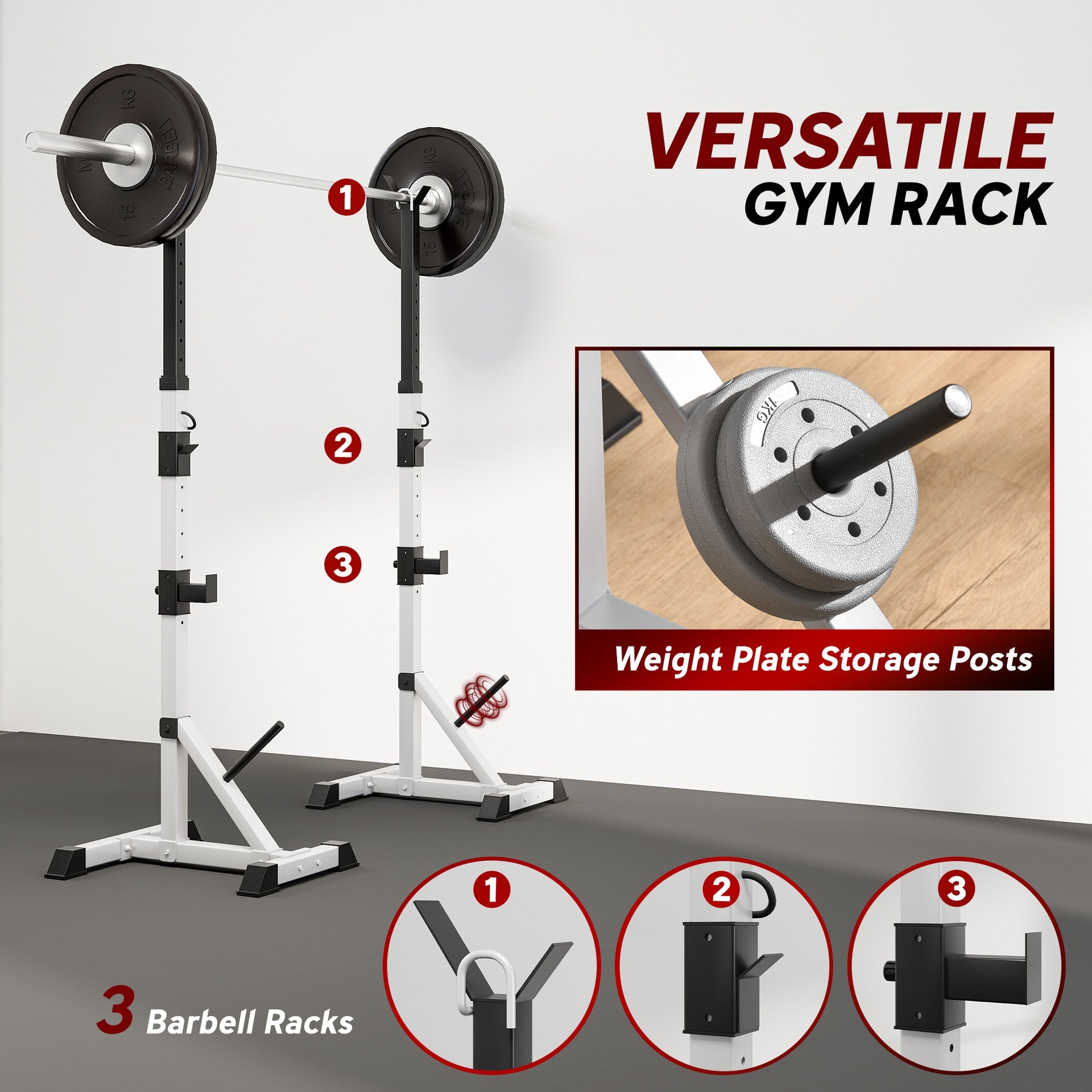 Soozier Pair of Adjustable Squat Rack Standard 53.5"-69.25" Barbell Rack Stand 440lbs Capacity, 2" Steel Heavy Duty Bench Press Rack, Support 3 Sets Barbells Storage