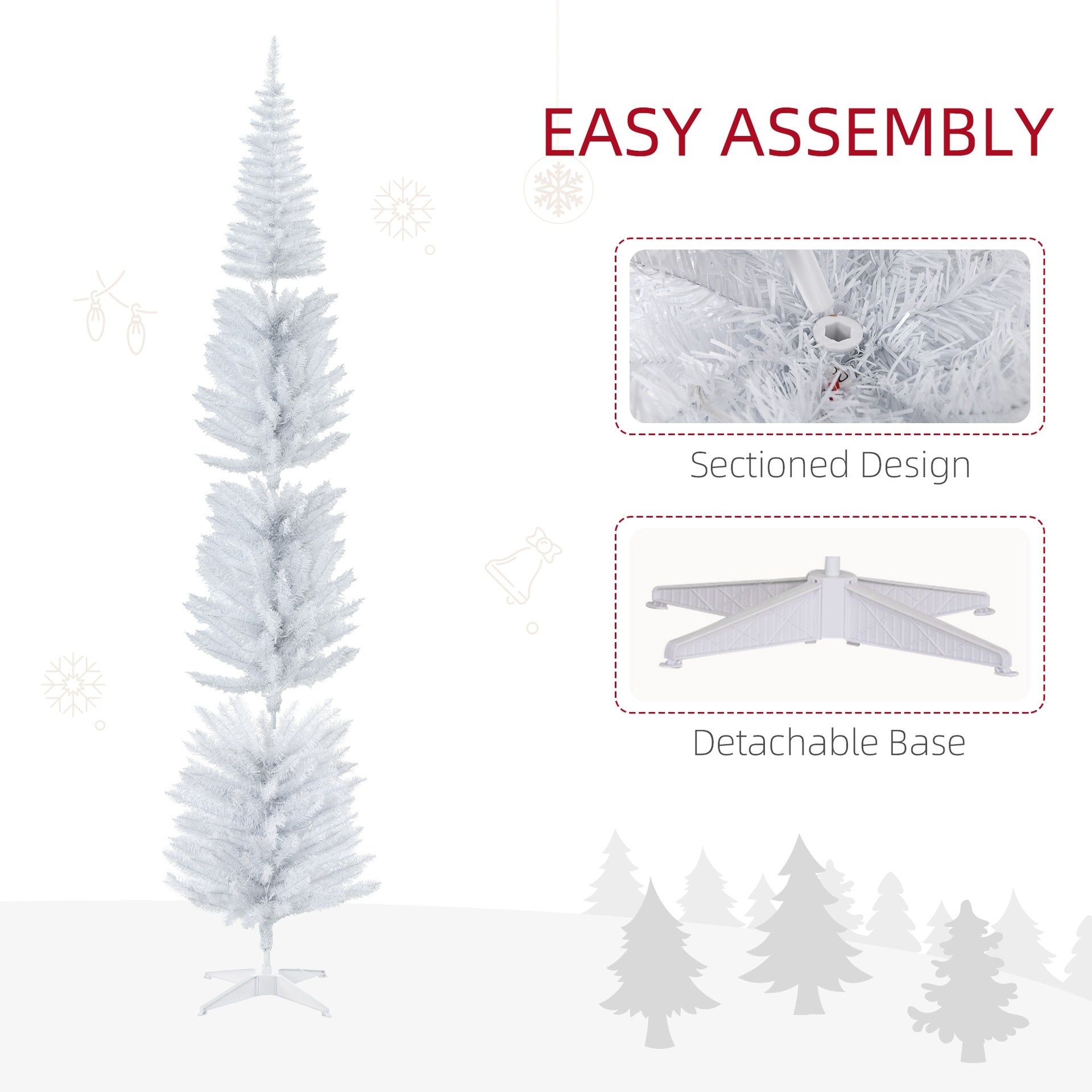 HOMCOM 8ft Pencil Christmas Tree, Slim Artificial Christmas Tree with Realistic Branches and Warm White LED Lights, White