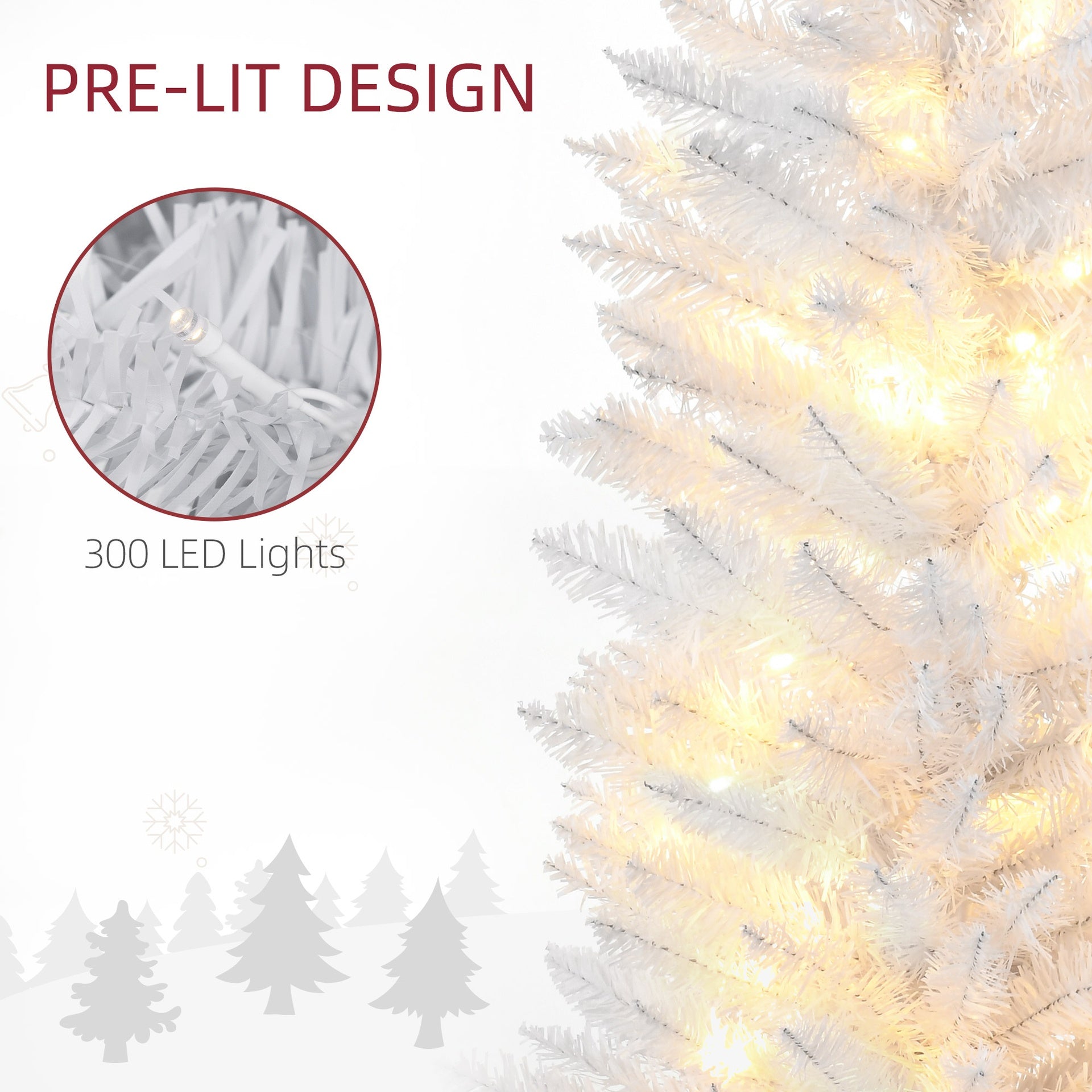 HOMCOM 8ft Pencil Christmas Tree, Slim Artificial Christmas Tree with Realistic Branches and Warm White LED Lights, White