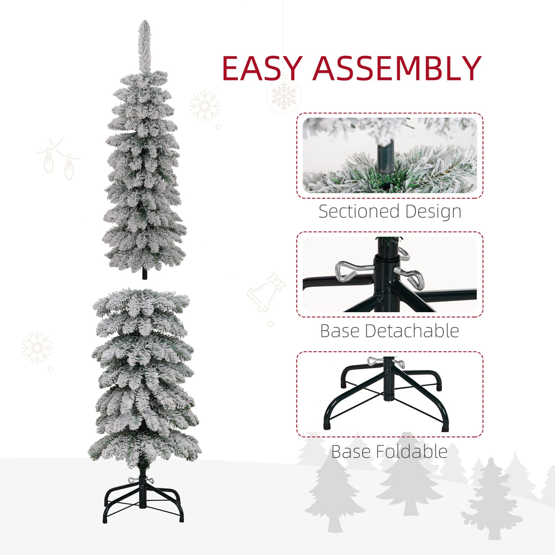 HOMCOM 5' Tall Unlit Slim Pencil Xmas Tree, Snow-Flocked Artificial Christmas Tree with Realistic Branches and 301 Tips, Green