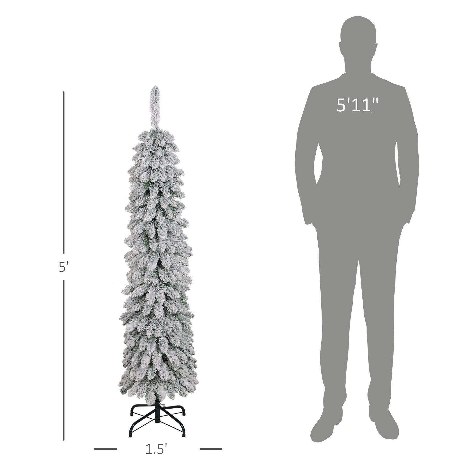 HOMCOM 5' Tall Unlit Slim Pencil Xmas Tree, Snow-Flocked Artificial Christmas Tree with Realistic Branches and 301 Tips, Green
