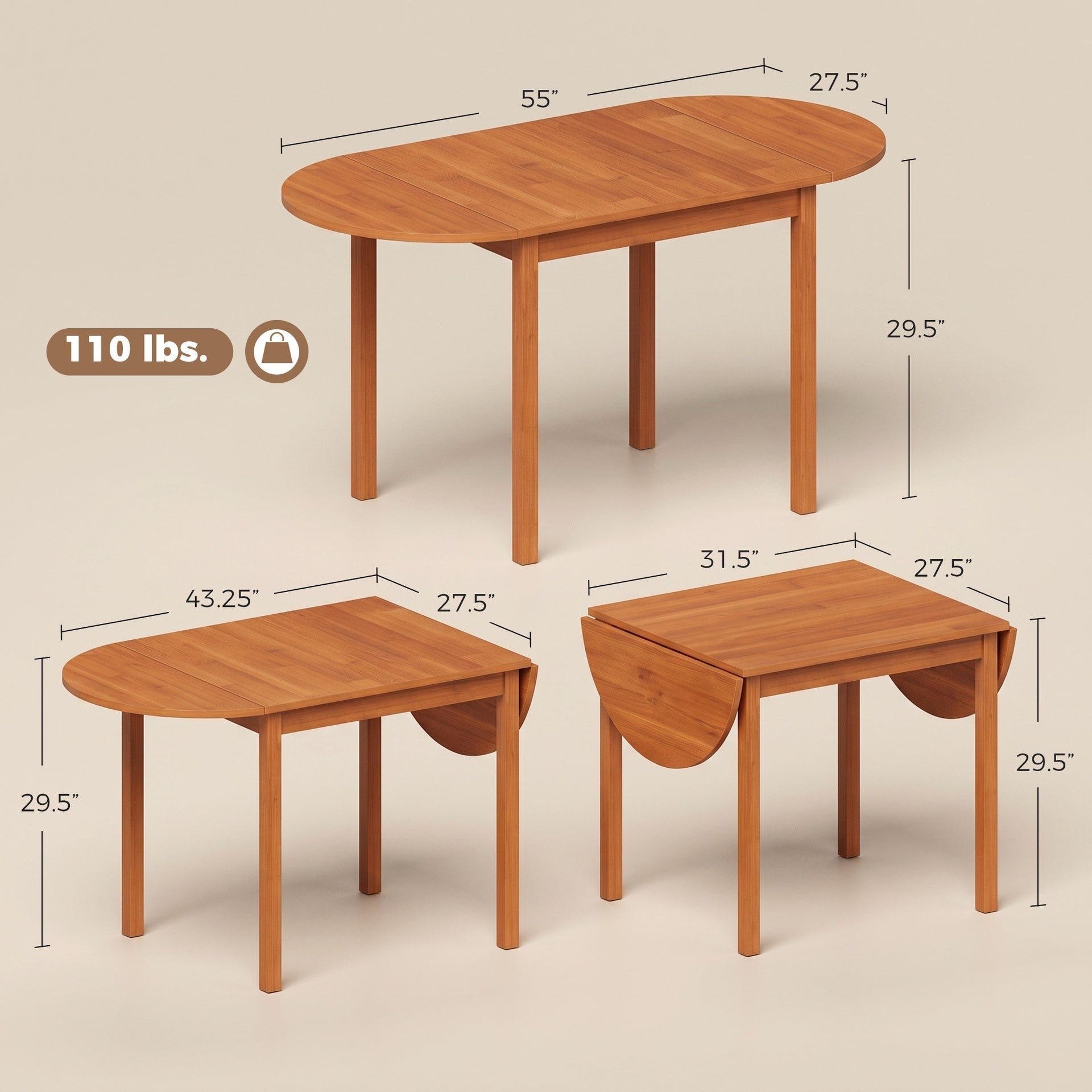 HOMCOM 55" Wood Kitchen Table, Drop Leaf Tables for Small Spaces, Walnut