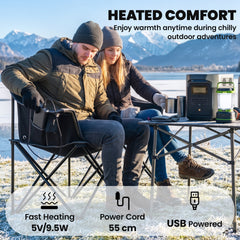 Outsunny Heated Double Camping Chair, Oversized Folding Padded Camp Loveseat Couch with 3 Heat Levels and 4 Heating Zones