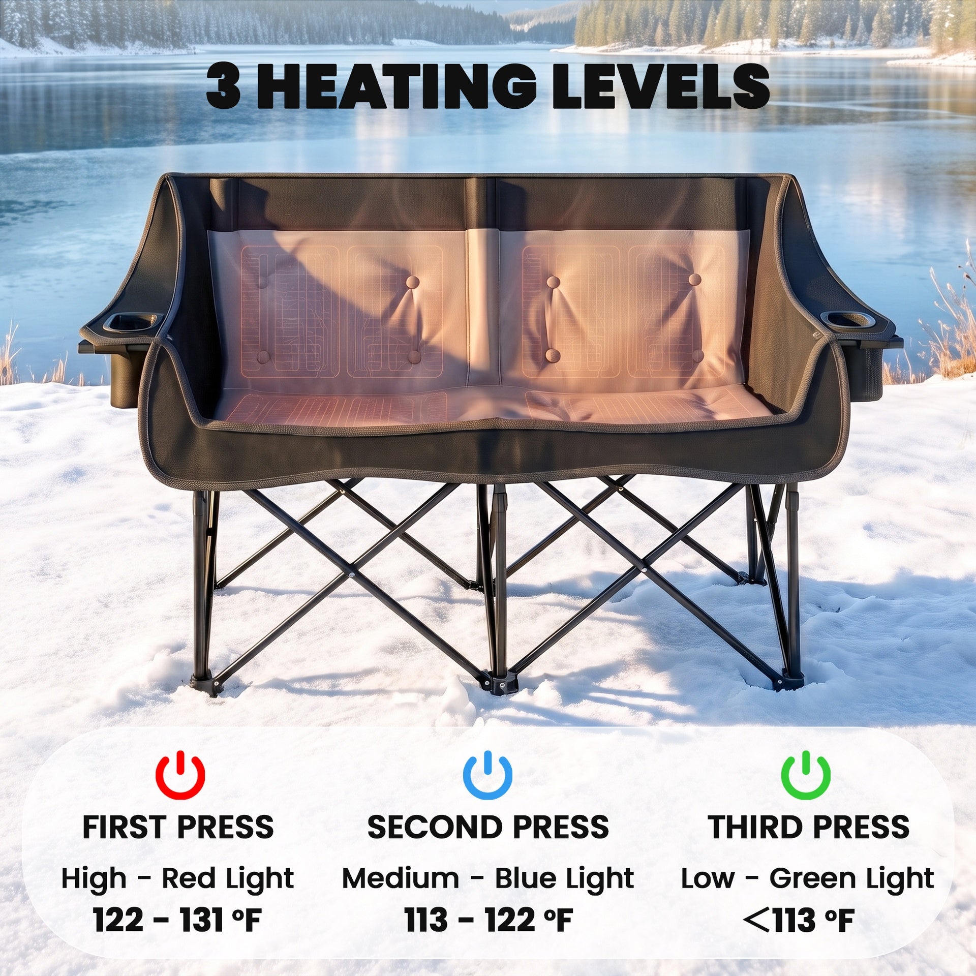 Outsunny Heated Double Camping Chair, Oversized Folding Padded Camp Loveseat Couch with 3 Heat Levels and 4 Heating Zones
