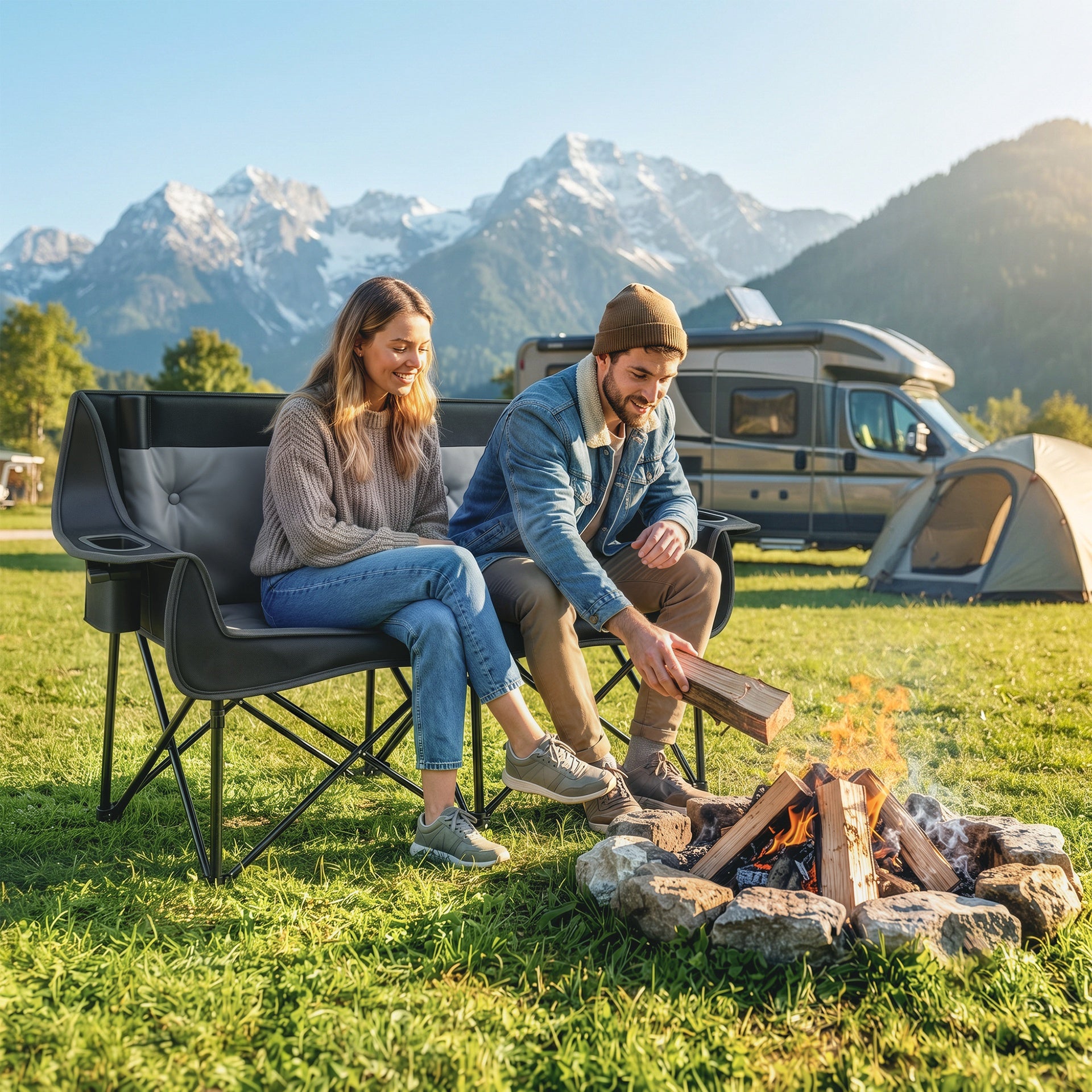 Outsunny Heated Double Camping Chair, Oversized Folding Padded Camp Loveseat Couch with 3 Heat Levels and 4 Heating Zones