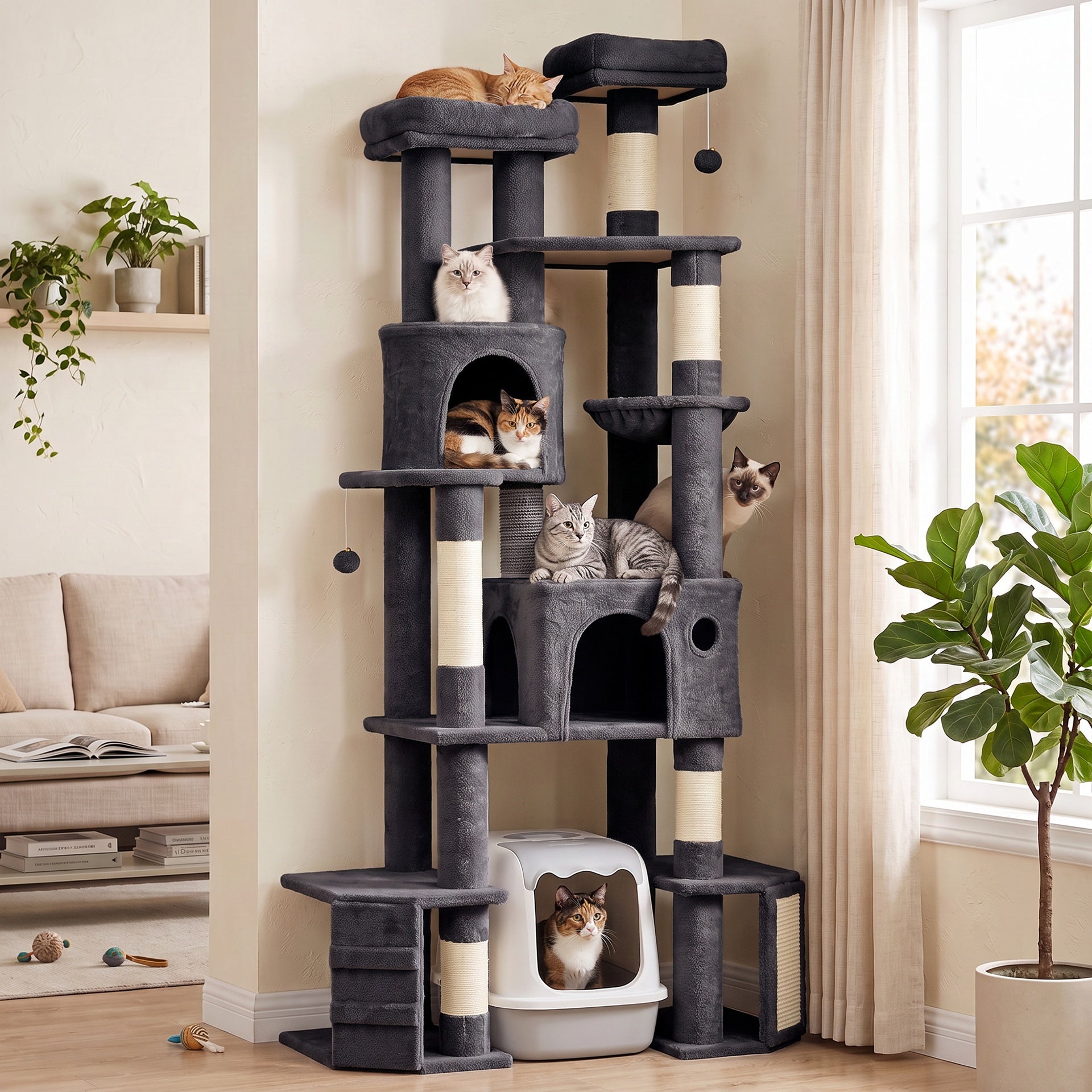 PawHut 79" Extra Large Cat Tree Tower with Dual Baseboard for Large Adult Big Cats, Dark Gray