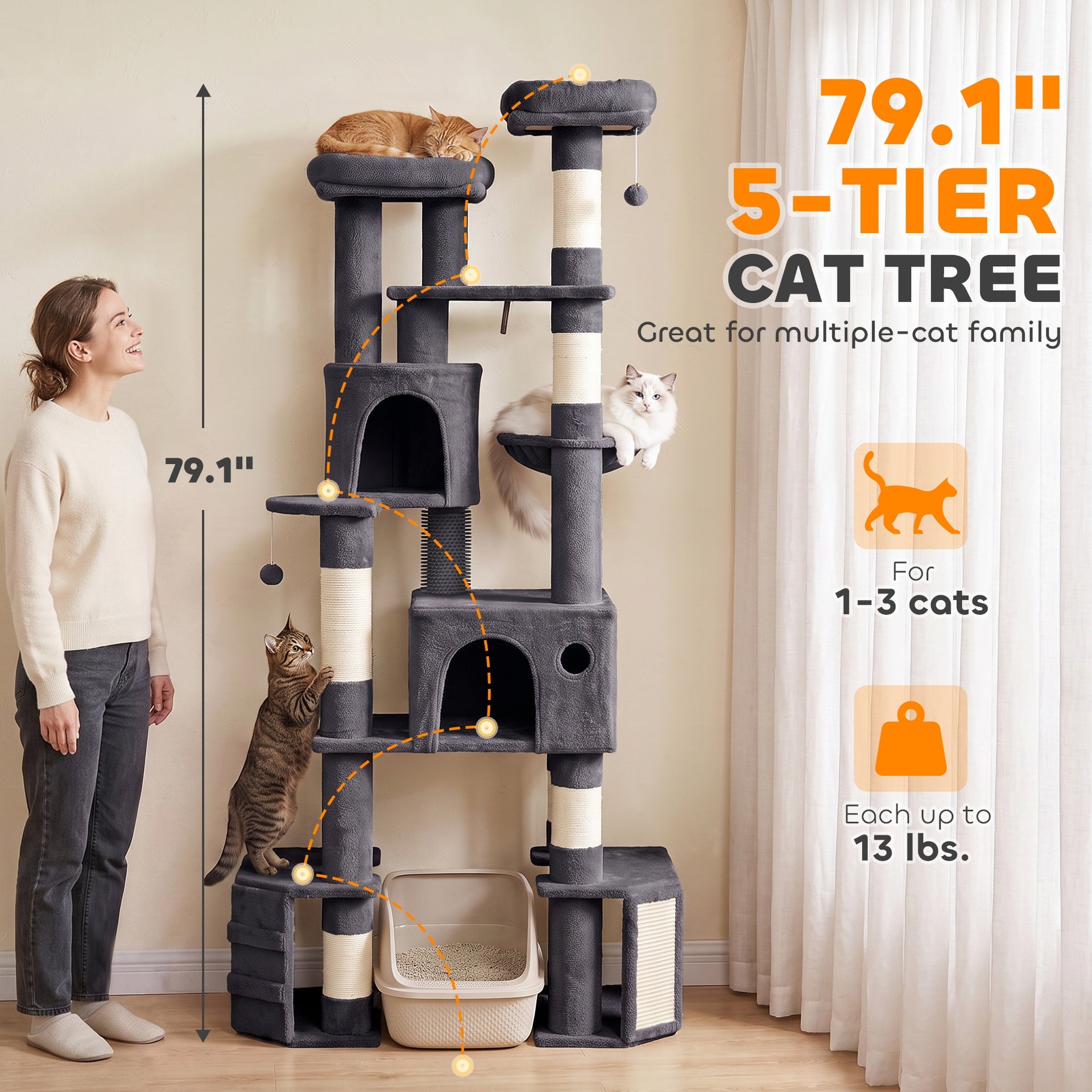 PawHut 79" Extra Large Cat Tree Tower with Dual Baseboard for Large Adult Big Cats, Dark Gray