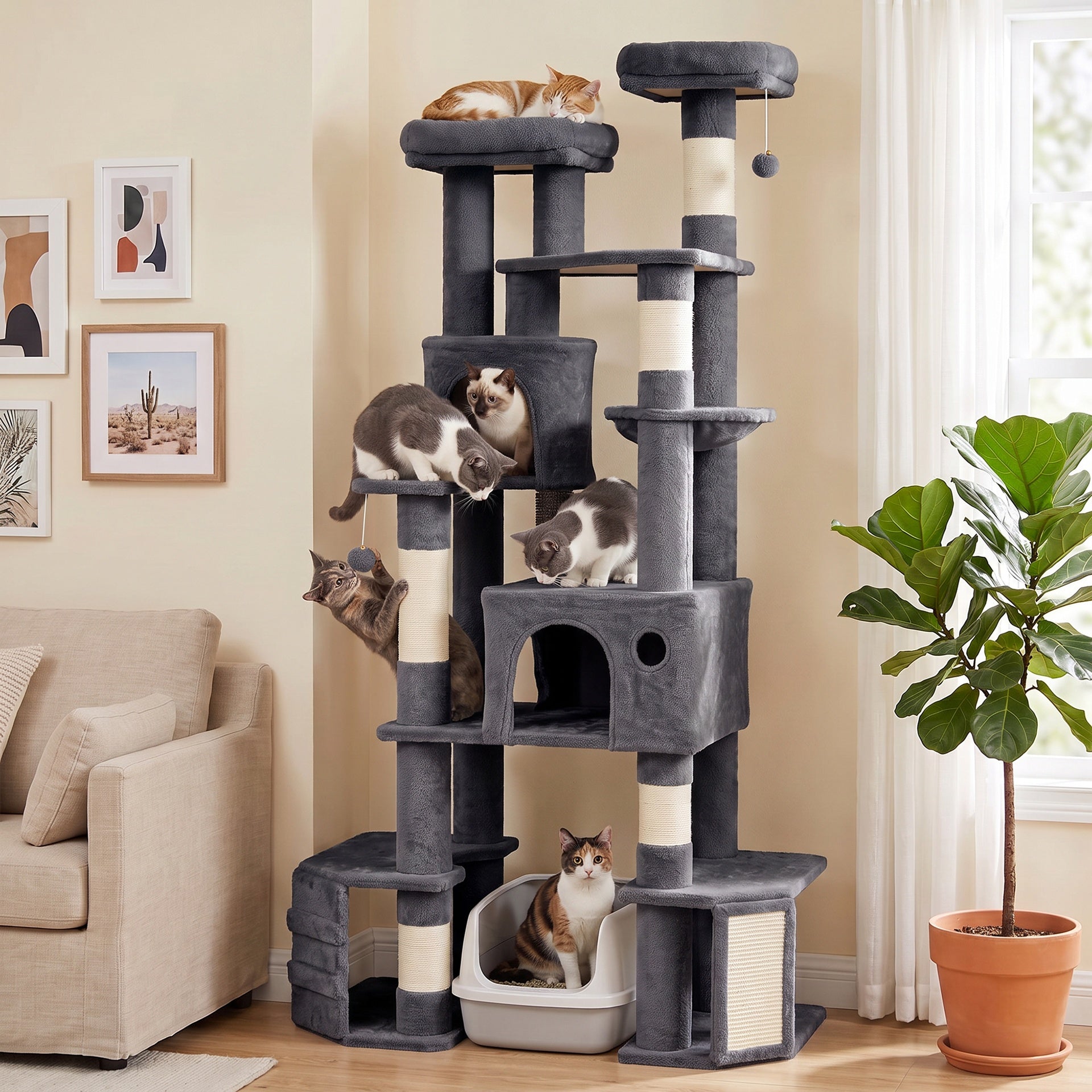 PawHut 79" Extra Large Cat Tree Tower with Dual Baseboard for Large Adult Big Cats, Dark Gray