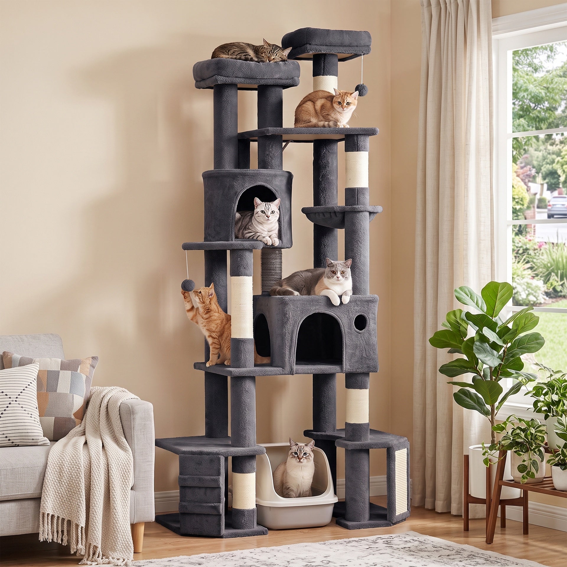PawHut 79" Extra Large Cat Tree Tower with Dual Baseboard for Large Adult Big Cats, Dark Gray
