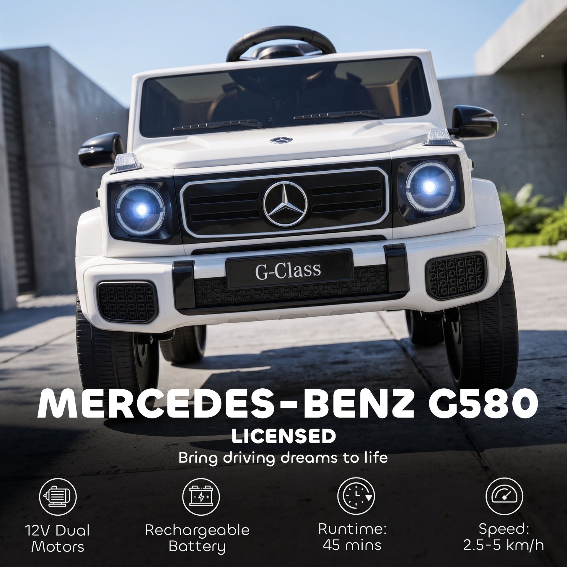 Qaba Licensed Mercedes-Benz G580 12V Kids Ride On Car with Remote, Soft Start, Headlights, Seat Belt, Music, USB, Horn, White