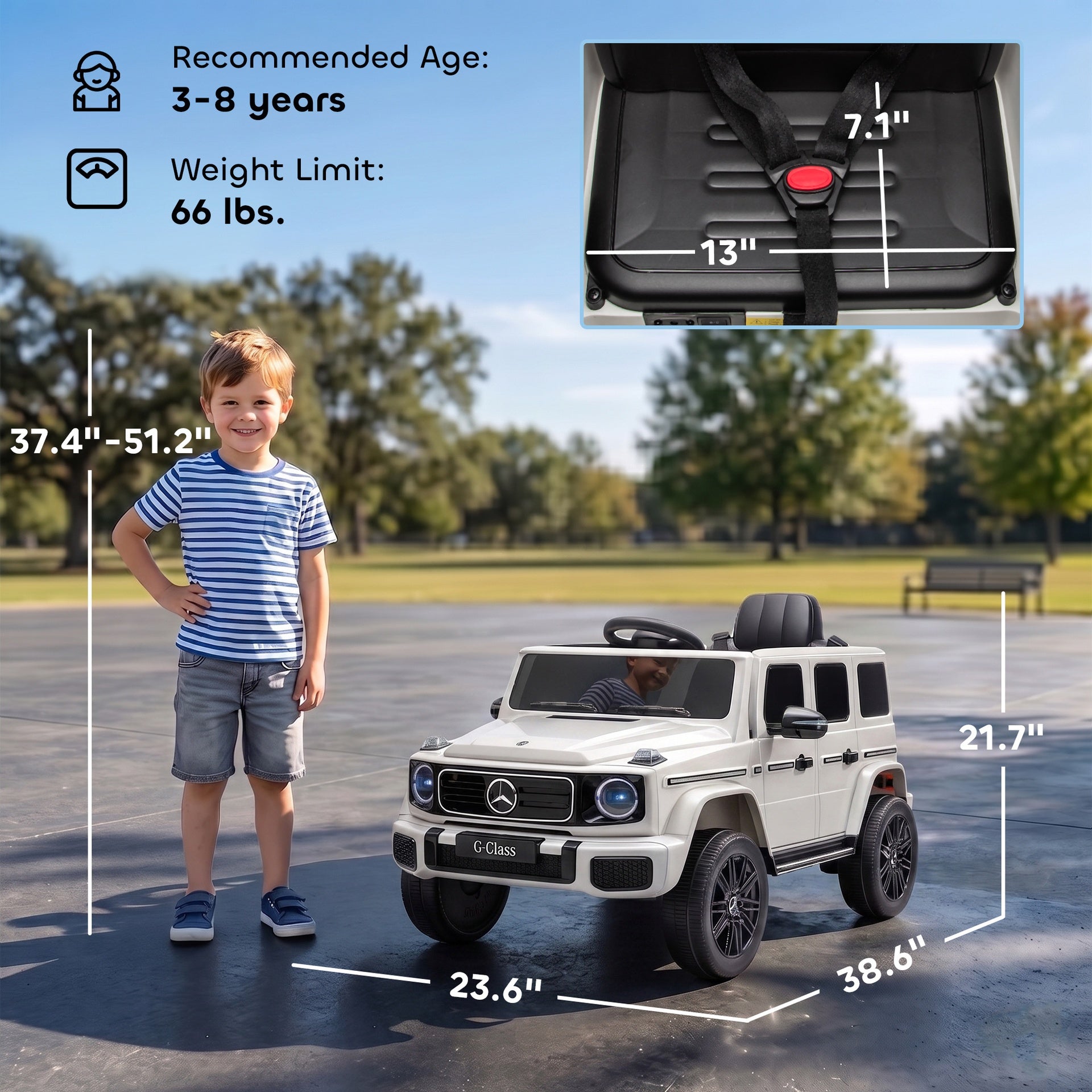 Qaba Licensed Mercedes-Benz G580 12V Kids Ride On Car with Remote, Soft Start, Headlights, Seat Belt, Music, USB, Horn, White