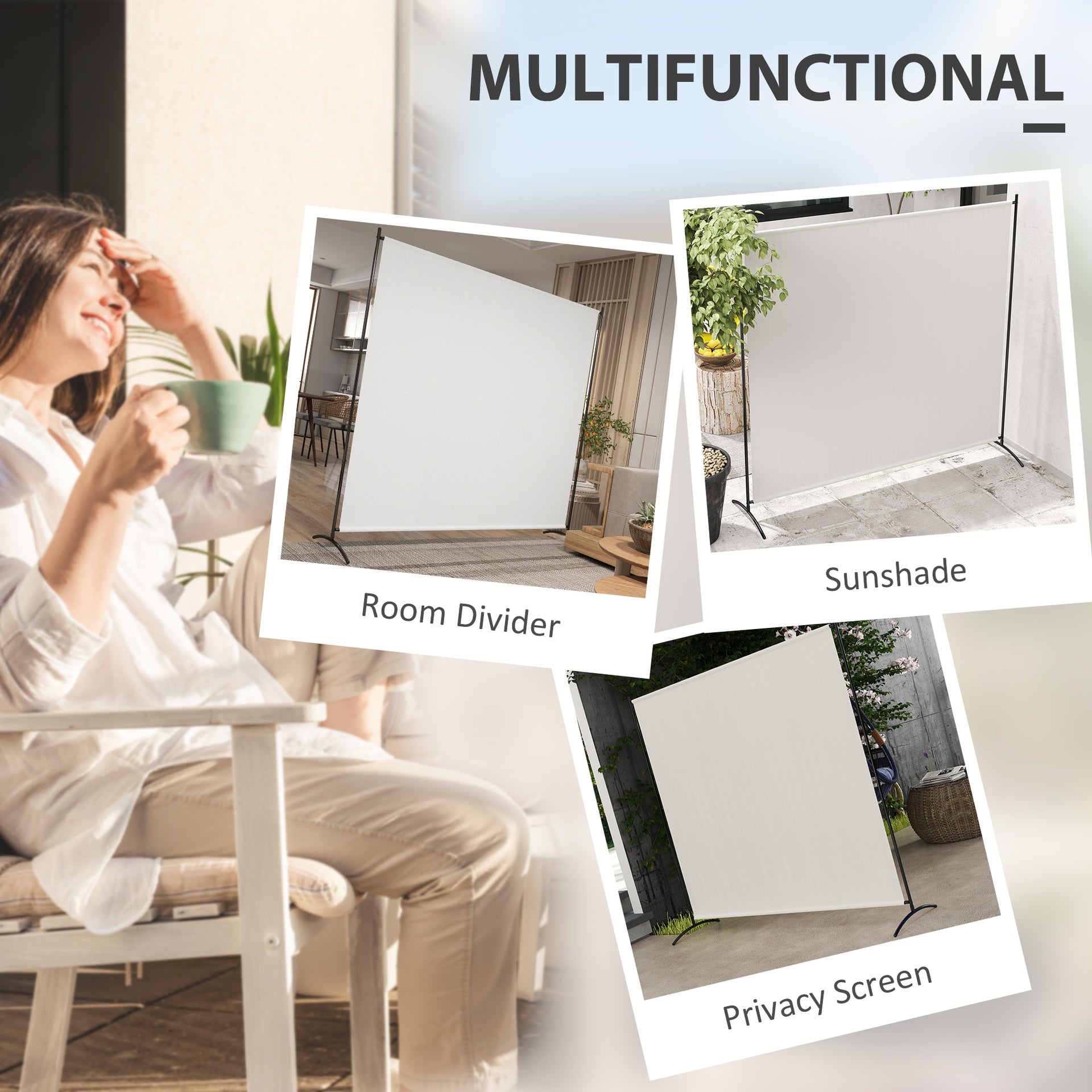 Outsunny Outdoor Privacy Screen, 5.9FT Tall Room Divider with UPF30+ Protection, Freestanding Privacy Panel, Beige