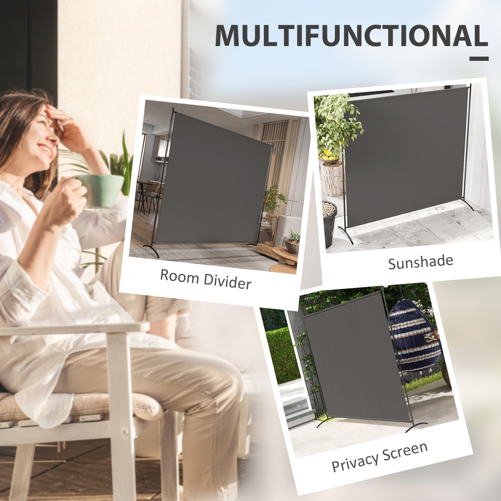 Outsunny Outdoor Privacy Screen, 5.9FT Tall Room Divider with UPF30+ Protection, Freestanding Privacy Panel, Dark Gray