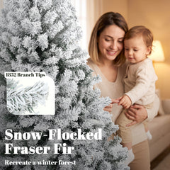 HOMCOM 9ft Flocked Prelit Christmas Tree, Fraser Fir, Hinged Xmas Tree with LEDs, Foldable Metal Base, Green White