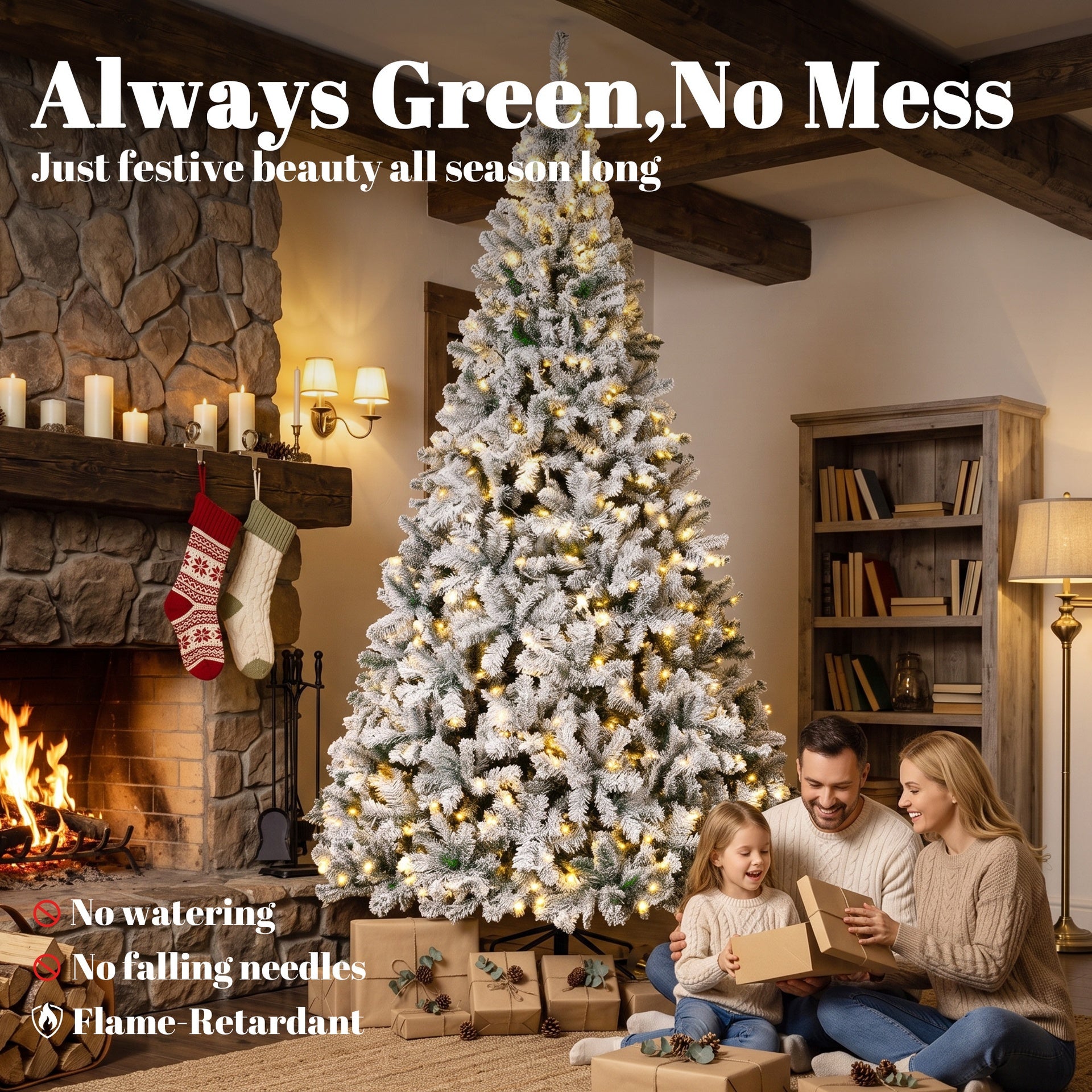 HOMCOM 9ft Flocked Prelit Christmas Tree, Fraser Fir, Hinged Xmas Tree with LEDs, Foldable Metal Base, Green White