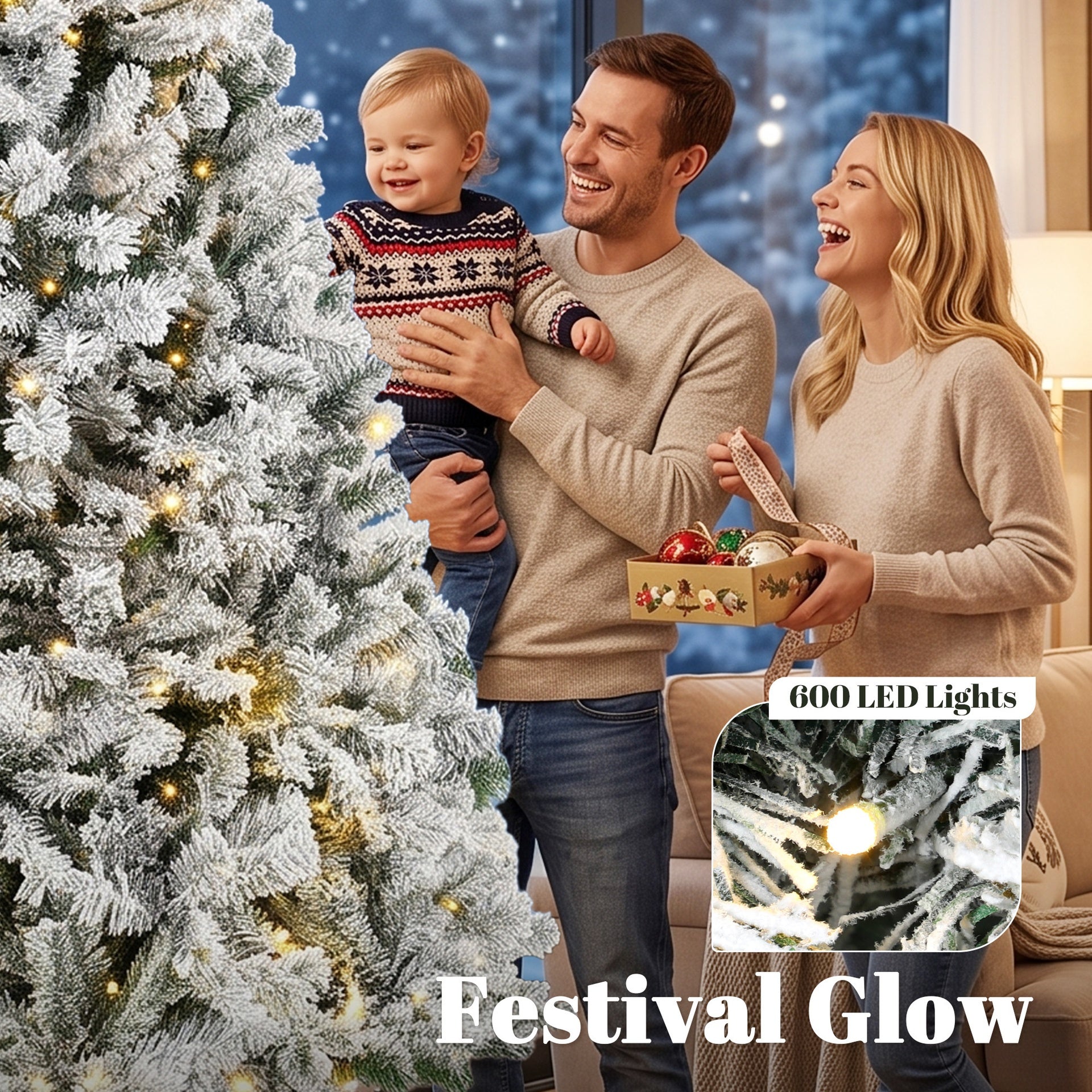 HOMCOM 9ft Flocked Prelit Christmas Tree, Fraser Fir, Hinged Xmas Tree with LEDs, Foldable Metal Base, Green White