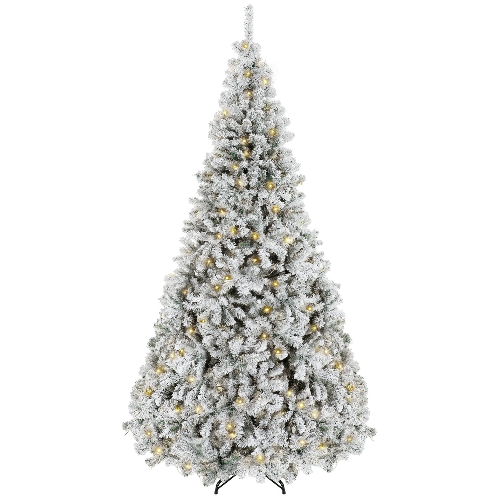 HOMCOM 9ft Flocked Prelit Christmas Tree, Fraser Fir, Hinged Xmas Tree with LEDs, Foldable Metal Base, Green White