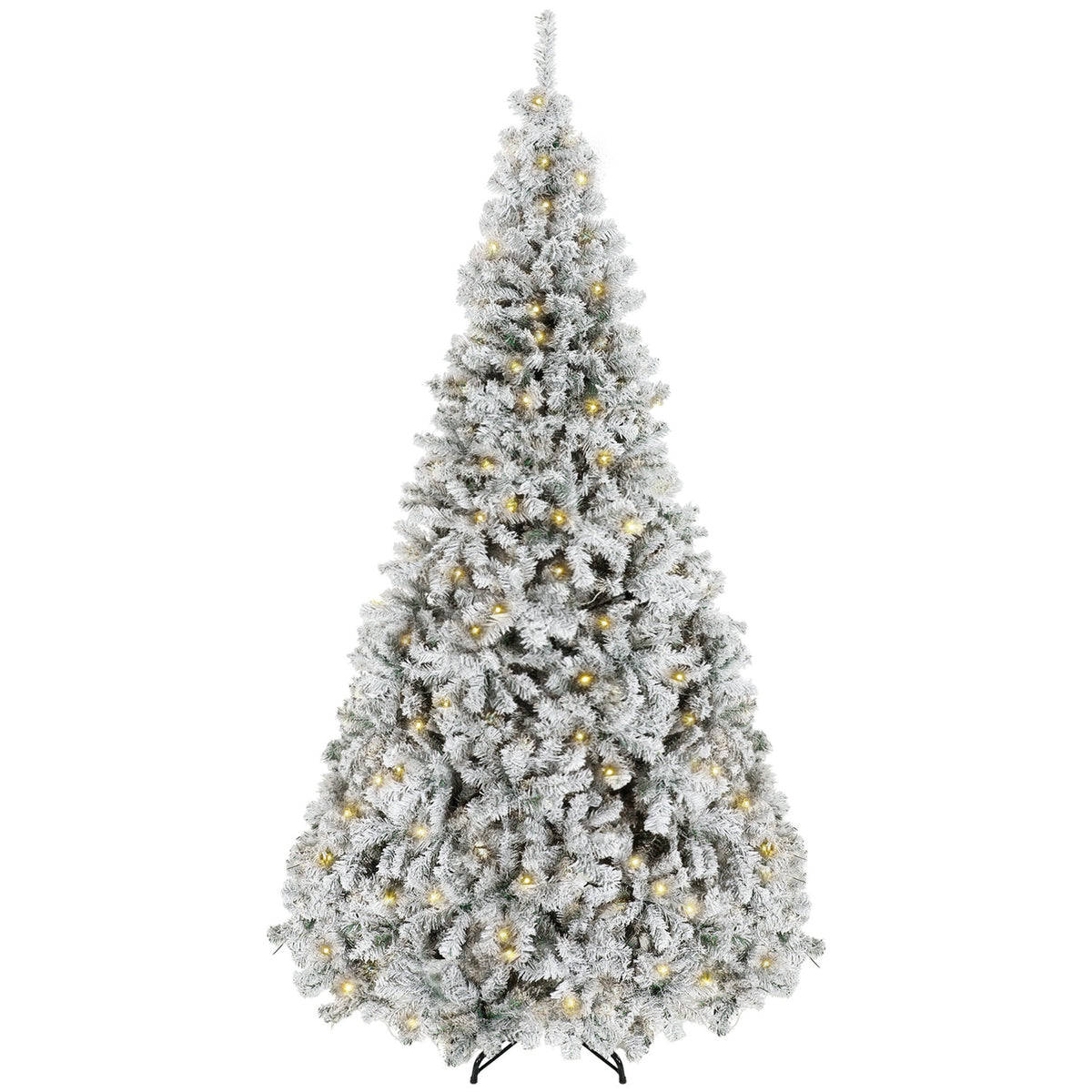 HOMCOM 9ft Flocked Prelit Christmas Tree, Fraser Fir, Hinged Xmas Tree with LEDs, Foldable Metal Base, Green White
