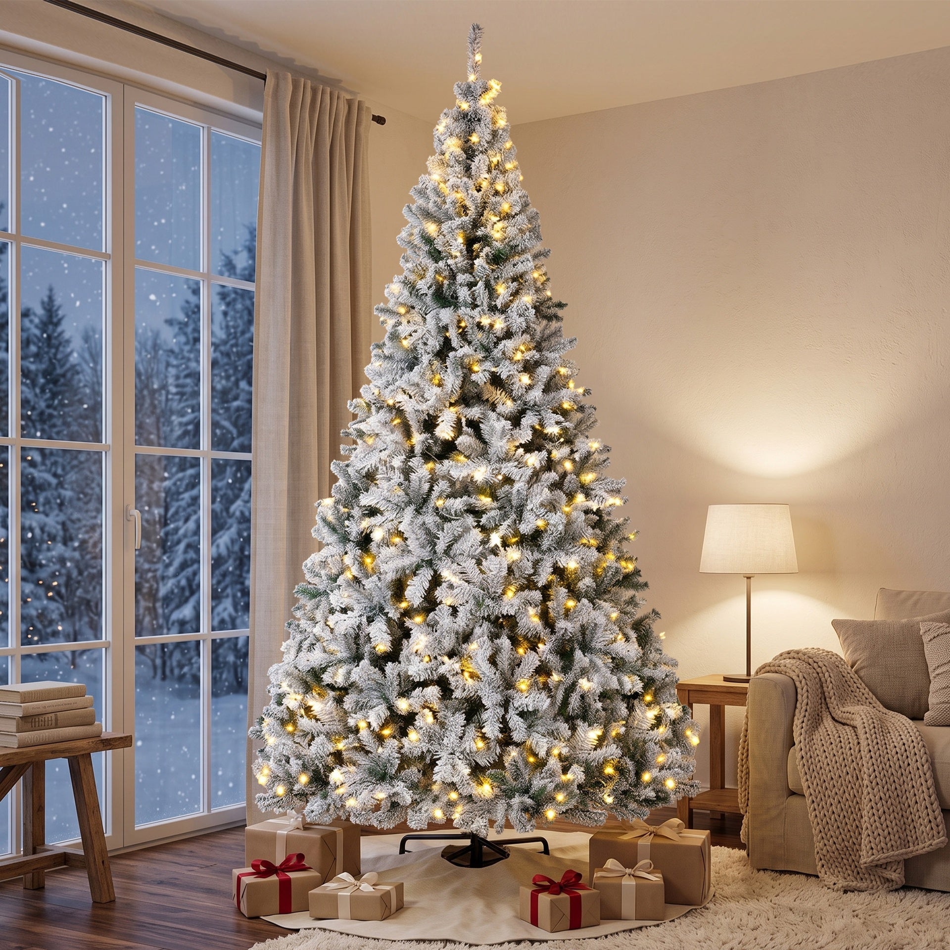 HOMCOM 9ft Flocked Prelit Christmas Tree, Fraser Fir, Hinged Xmas Tree with LEDs, Foldable Metal Base, Green White