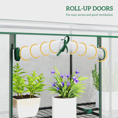 Outsunny 84.6" x 18.1" x 56.7" Lean-to Mini Greenhouse, 3-Tier Shelves, 3 Roll-Up Doors, PE Cover, White