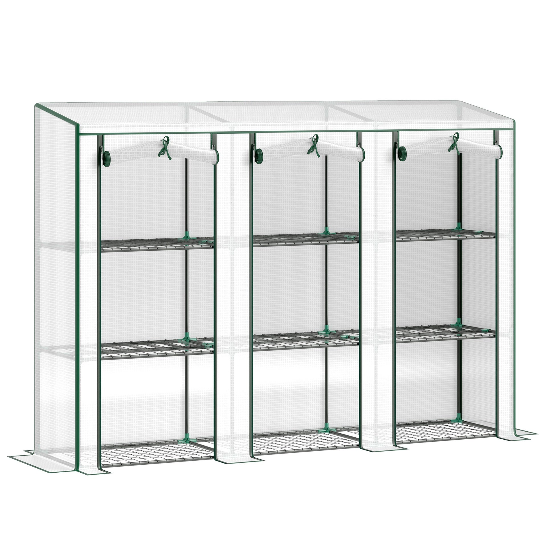 Outsunny 84.6" x 18.1" x 56.7" Lean-to Mini Greenhouse, 3-Tier Shelves, 3 Roll-Up Doors, PE Cover, White