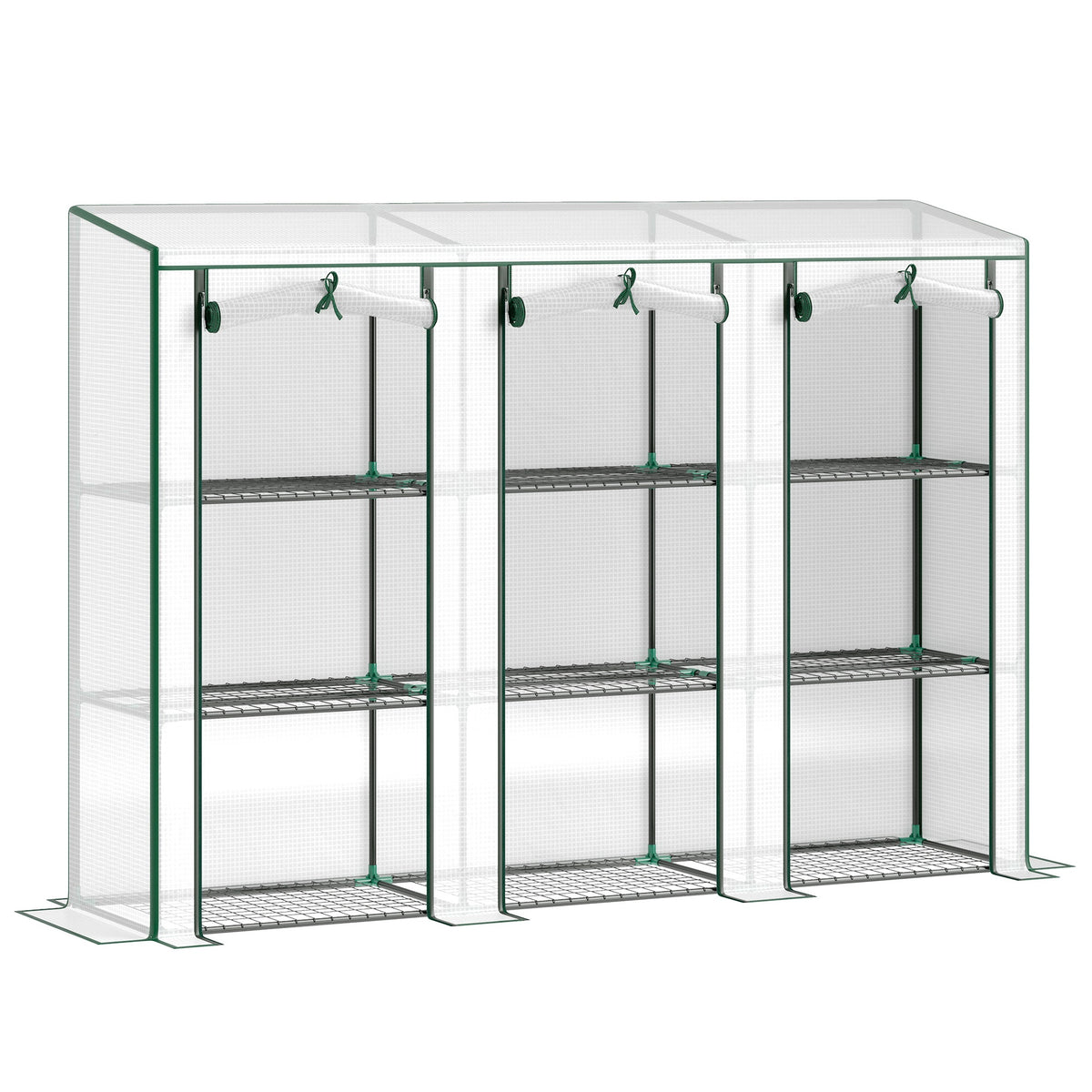 Outsunny 84.6" x 18.1" x 56.7" Lean-to Mini Greenhouse, 3-Tier Shelves, 3 Roll-Up Doors, PE Cover, White