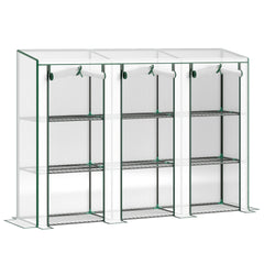 Outsunny 84.6" x 18.1" x 56.7" Lean-to Mini Greenhouse, 3-Tier Shelves, 3 Roll-Up Doors, PE Cover, White