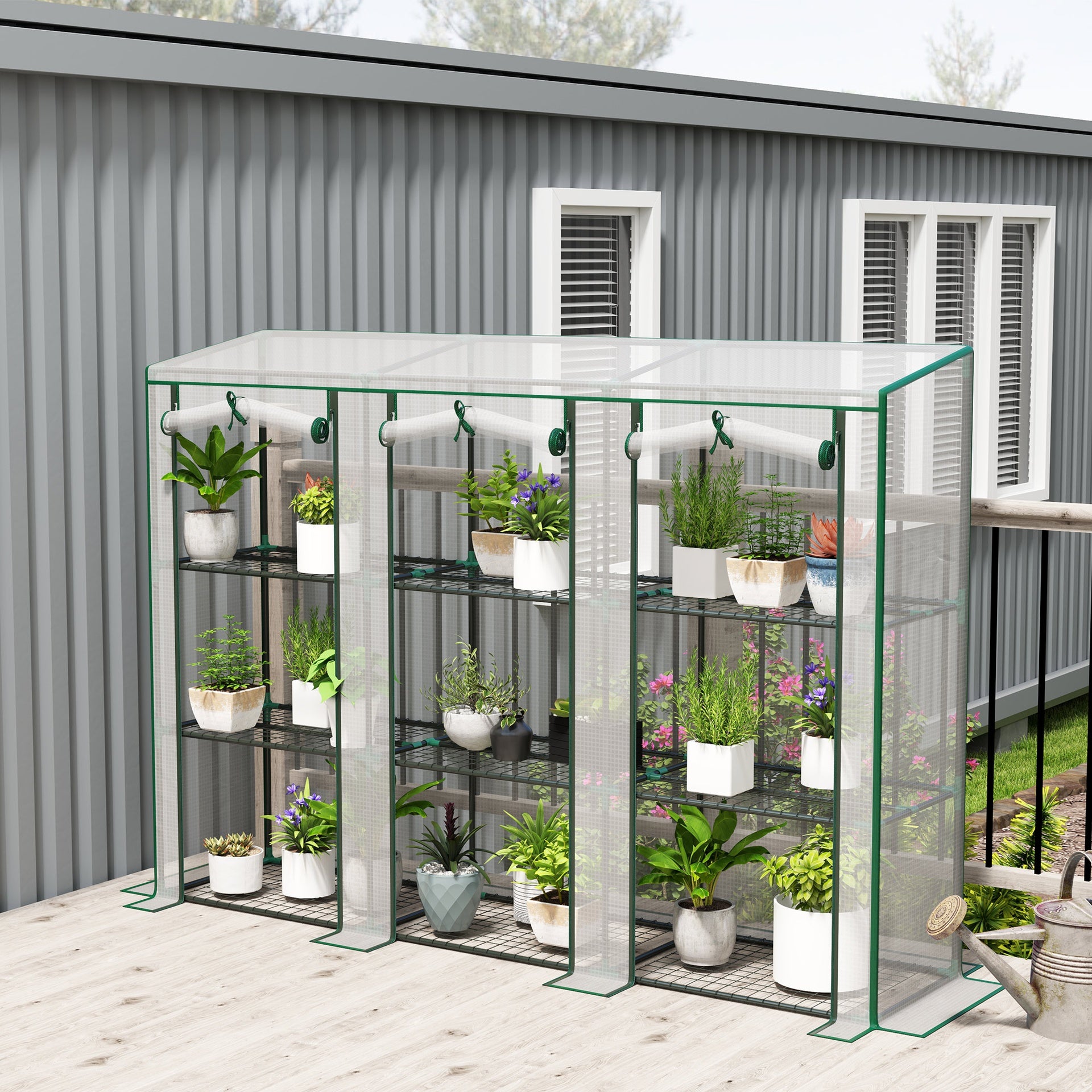 Outsunny 84.6" x 18.1" x 56.7" Lean-to Mini Greenhouse, 3-Tier Shelves, 3 Roll-Up Doors, PE Cover, White