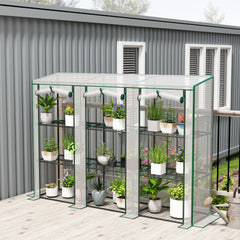 Outsunny 84.6" x 18.1" x 56.7" Lean-to Mini Greenhouse, 3-Tier Shelves, 3 Roll-Up Doors, PE Cover, White