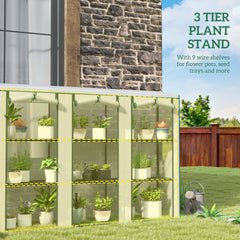 Outsunny 84.6" x 18.1" x 56.7" Lean-to Mini Greenhouse, 3-Tier Shelves, 3 Roll-Up Doors, PE Cover, White