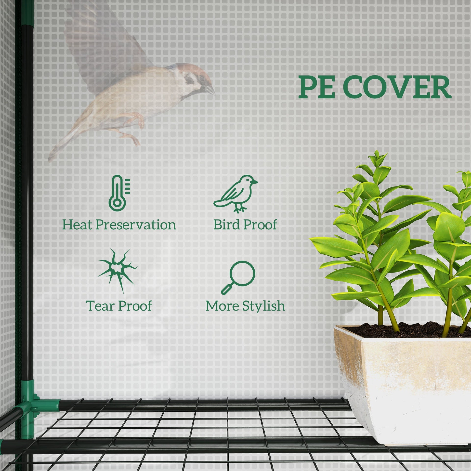 Outsunny 84.6" x 18.1" x 56.7" Lean-to Mini Greenhouse, 3-Tier Shelves, 3 Roll-Up Doors, PE Cover, White