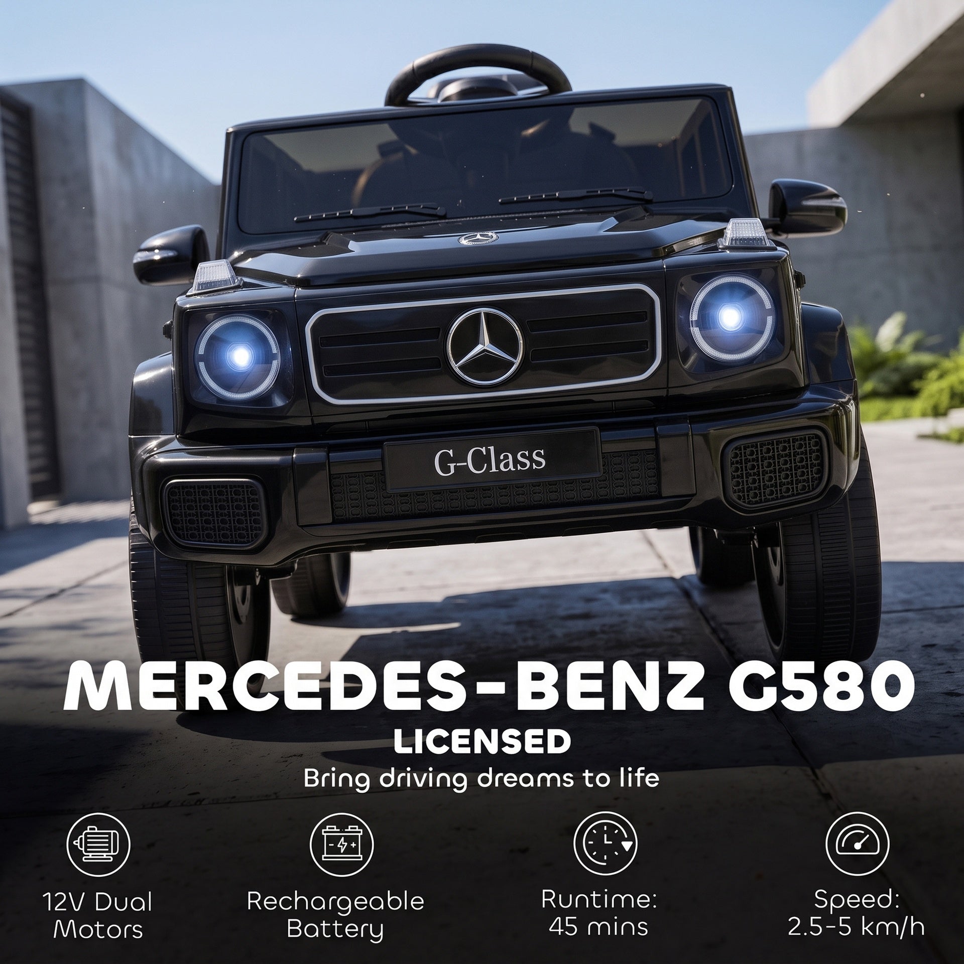 Qaba Licensed Mercedes-Benz G580 12V Kids Ride On Car with Remote, Soft Start, Headlights, Seat Belt, Music, USB, Horn, Black