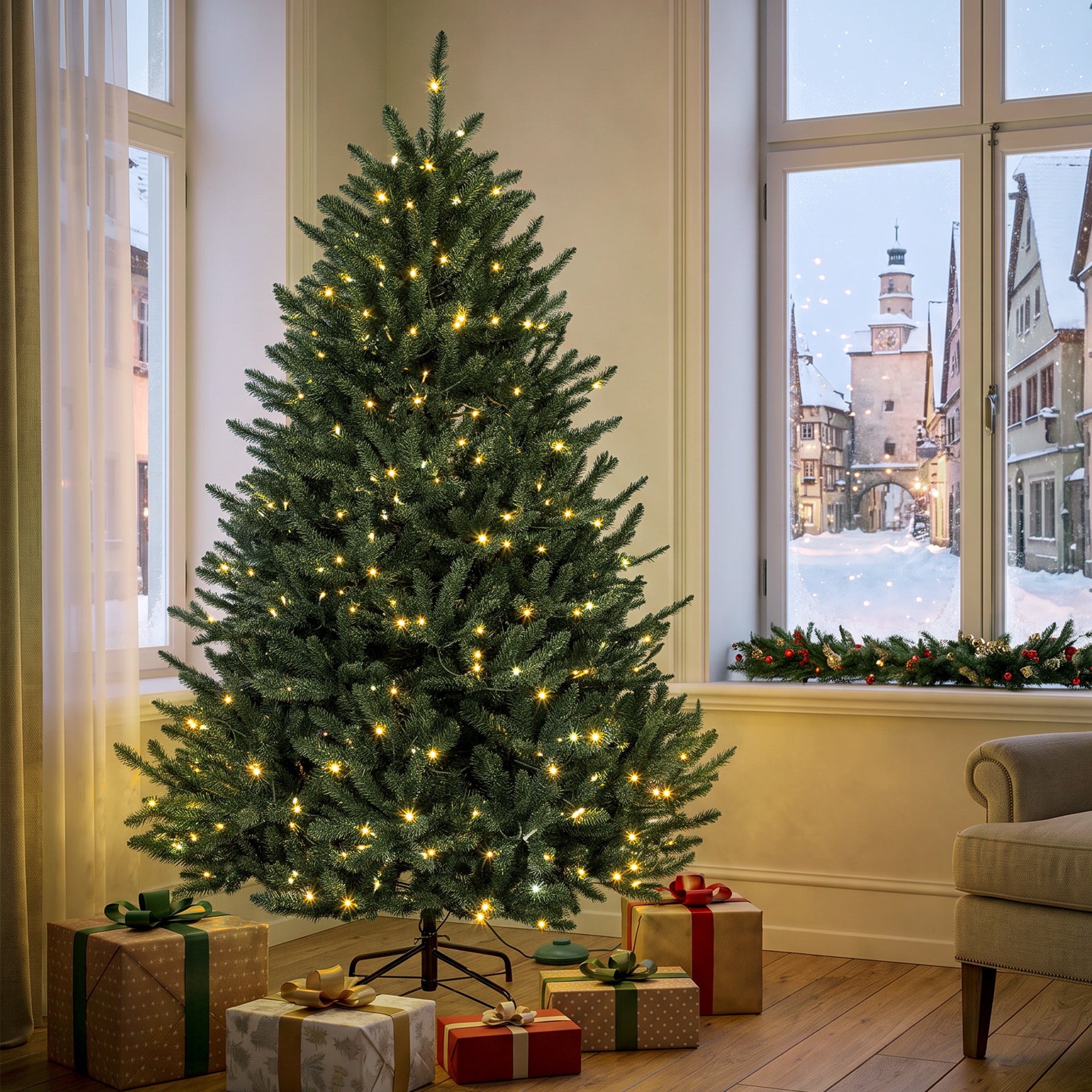 HOMCOM 6ft Prelit Christmas Tree, Colorado Blue Spruce, Easy Plug, Hinged Xmas Tree with Warm White & Multi-Color LED Lights