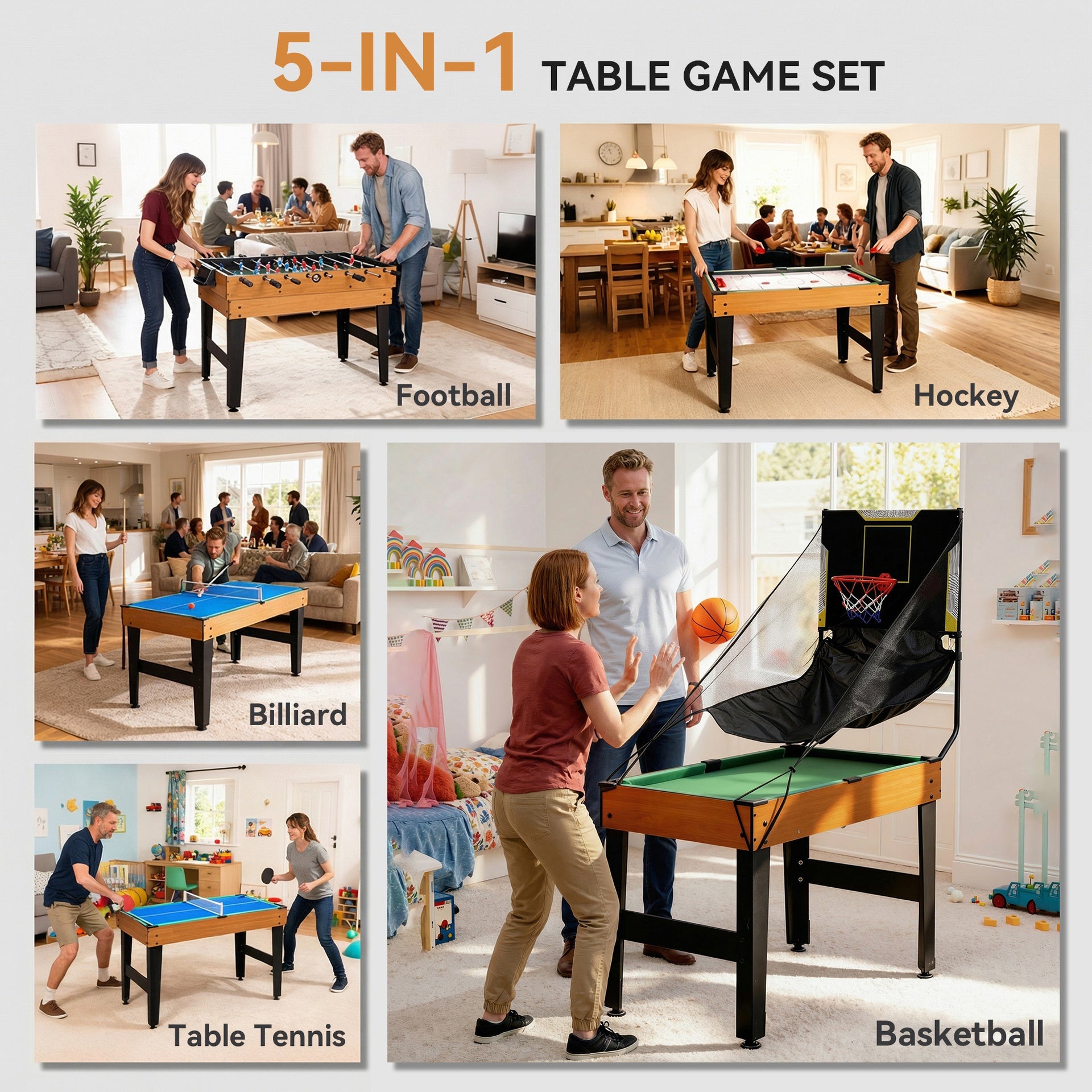 Soozier 5-in-1 Multi Game Table, 53" Combo Table with Foosball, Pool, Ping Pong, Ice Hockey & Basketball, Game Room Sports Set