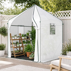 Outsunny Walk-in Greenhouse, 63" x 63" x 78.7", Roll-Up Door, 3 Mesh Windows, PE Cover, Steel Frame, White
