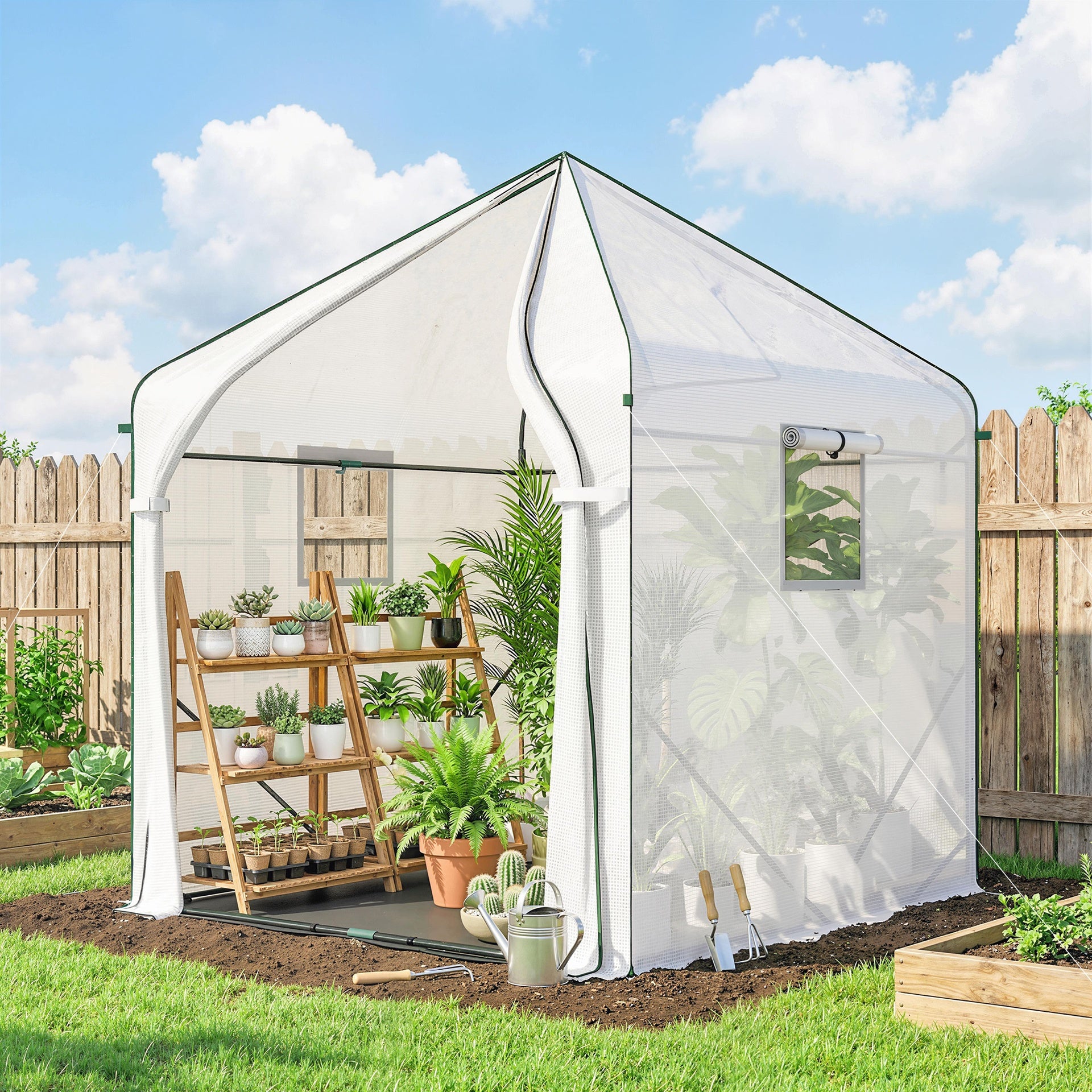 Outsunny Walk-in Greenhouse, 63" x 63" x 78.7", Roll-Up Door, 3 Mesh Windows, PE Cover, Steel Frame, White
