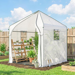Outsunny Walk-in Greenhouse, 63" x 63" x 78.7", Roll-Up Door, 3 Mesh Windows, PE Cover, Steel Frame, White