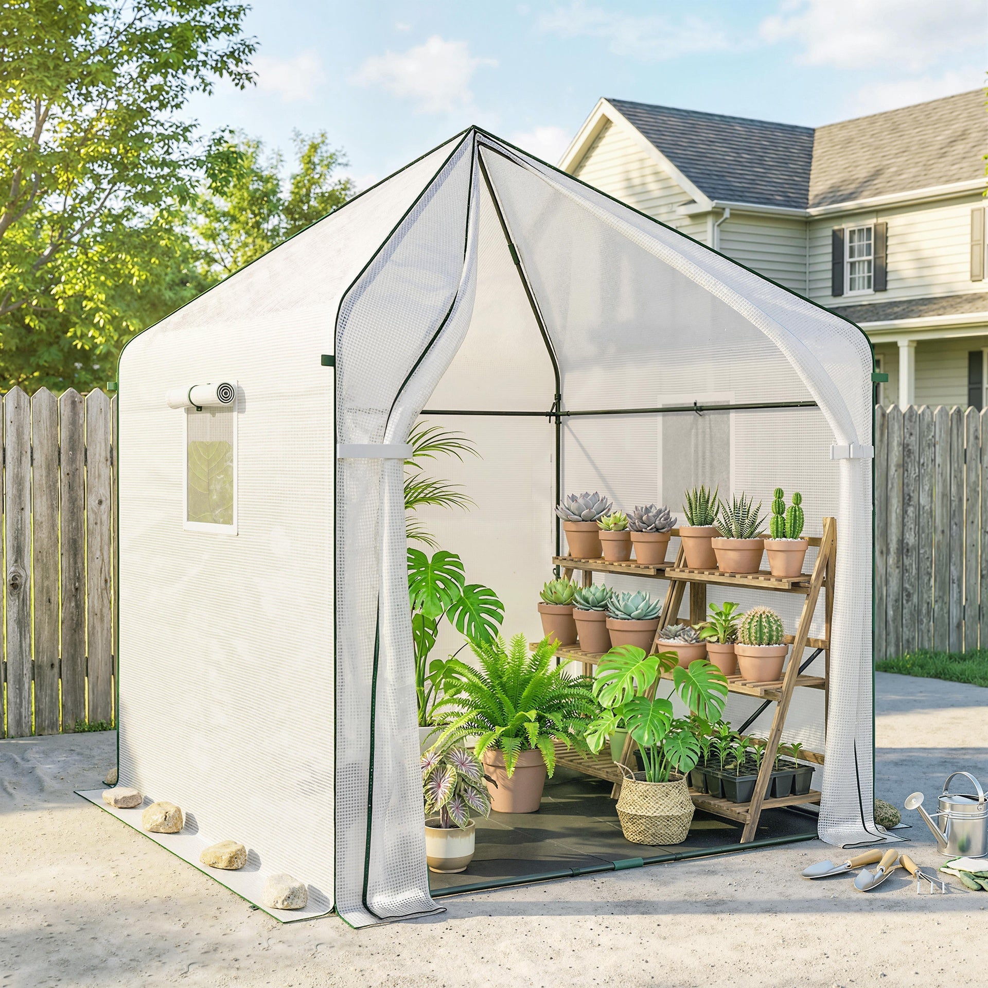 Outsunny Walk-in Greenhouse, 63" x 63" x 78.7", Roll-Up Door, 3 Mesh Windows, PE Cover, Steel Frame, White
