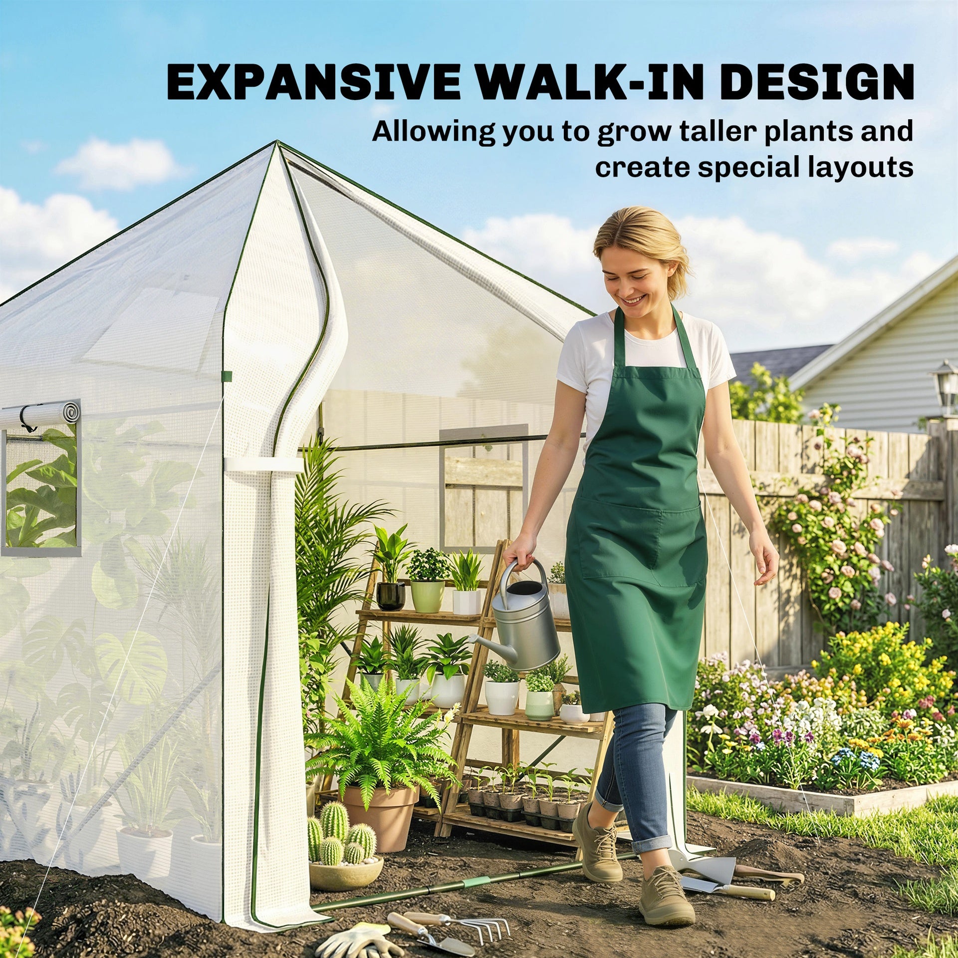 Outsunny Walk-in Greenhouse, 63" x 63" x 78.7", Roll-Up Door, 3 Mesh Windows, PE Cover, Steel Frame, White