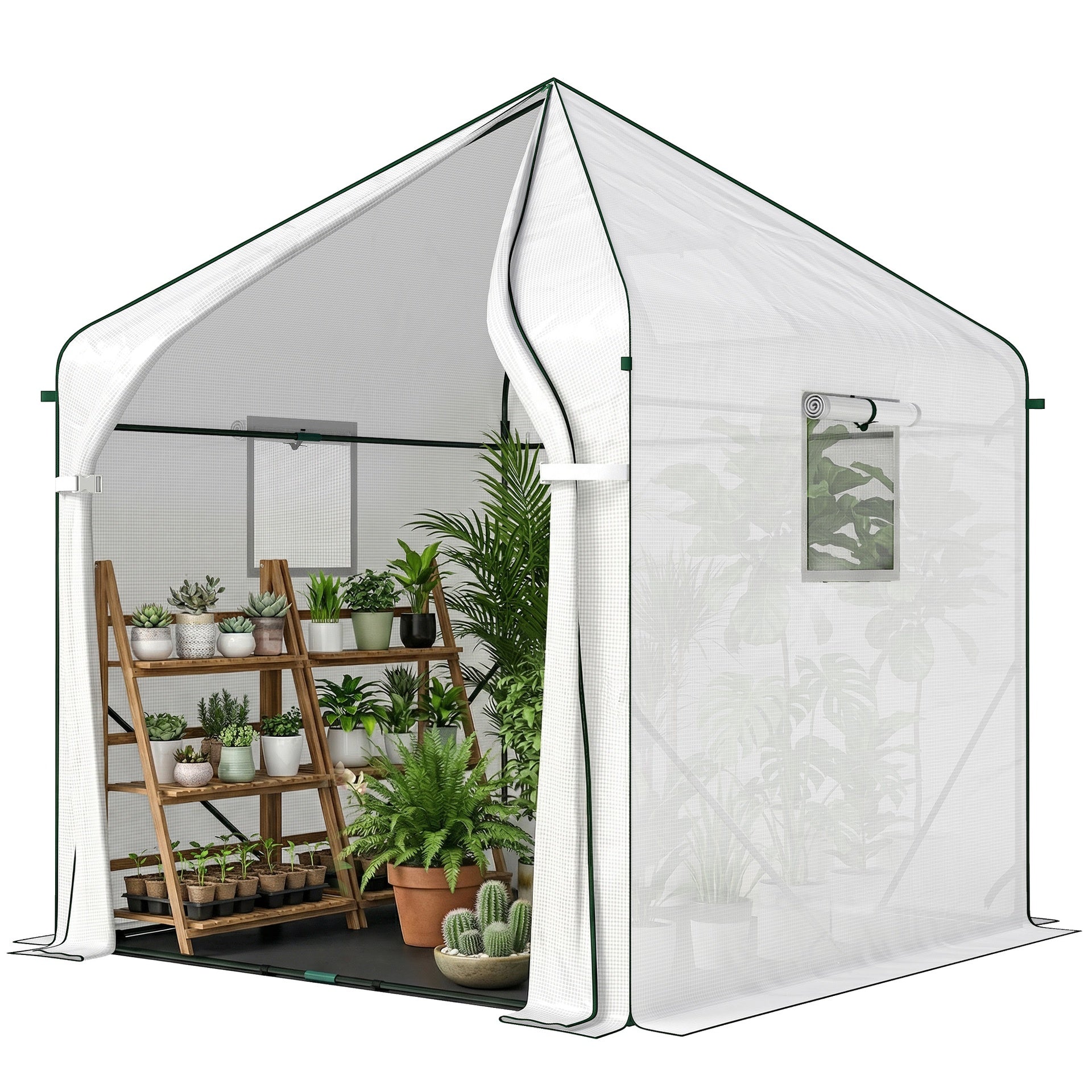 Outsunny Walk-in Greenhouse, 63" x 63" x 78.7", Roll-Up Door, 3 Mesh Windows, PE Cover, Steel Frame, White