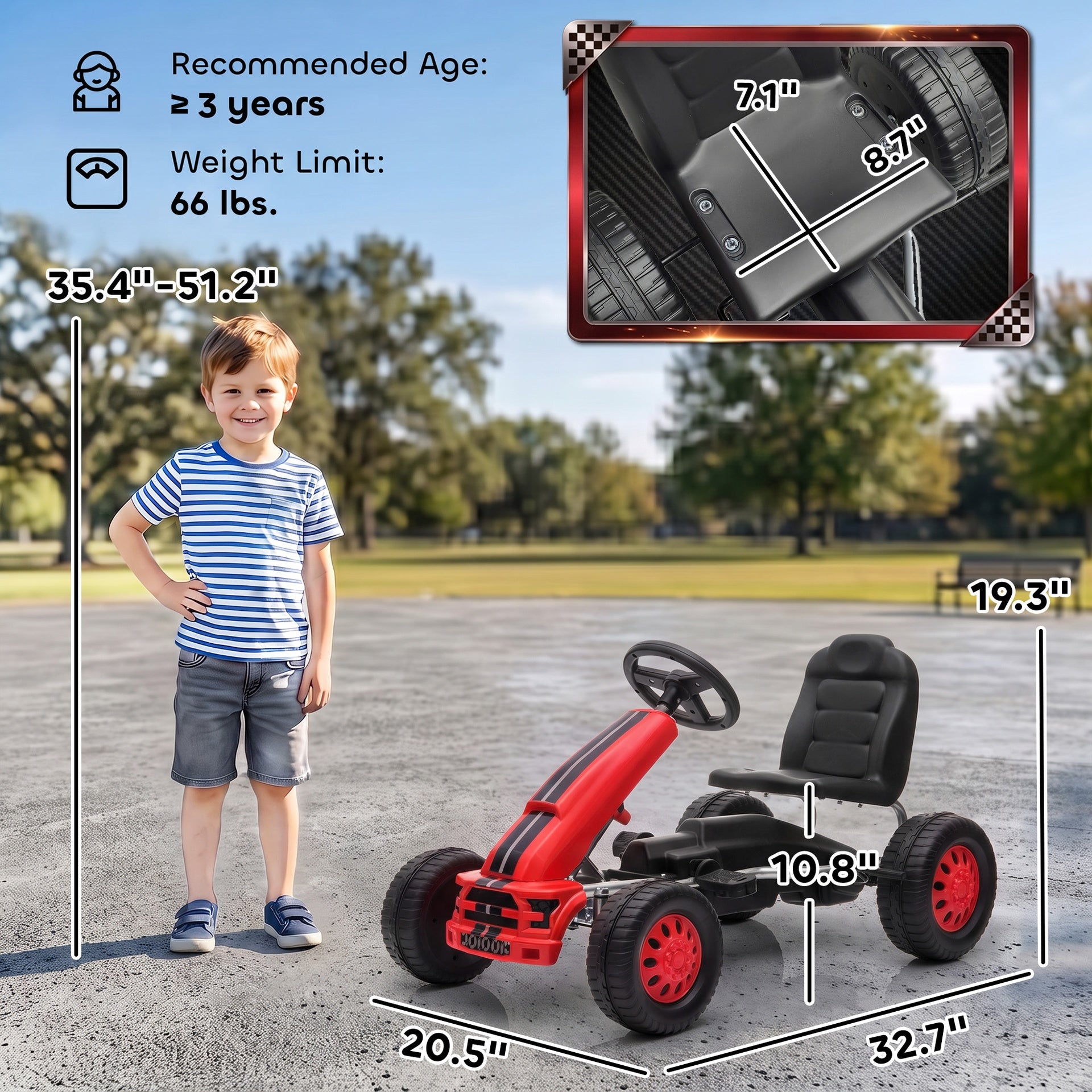 Qaba Lightweight Pedal Go Kart with Steering Wheel, Go Cart Ride on Toy with Adjustable Seat for 3+ Years, Red